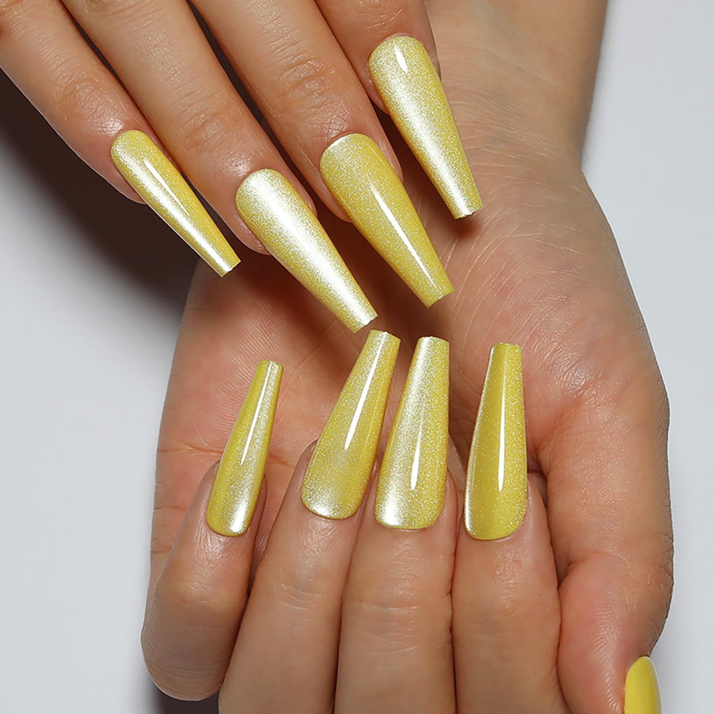 Handmade Press on Nails - Lemon Yellow Fake Nails | Velvet Effect Design Summer Nails | Glossy,Glitter,Gradient Color,Reusable Long Acrylic Nails | 12 Sizes - 24 Nail Kit with Jelly Glue