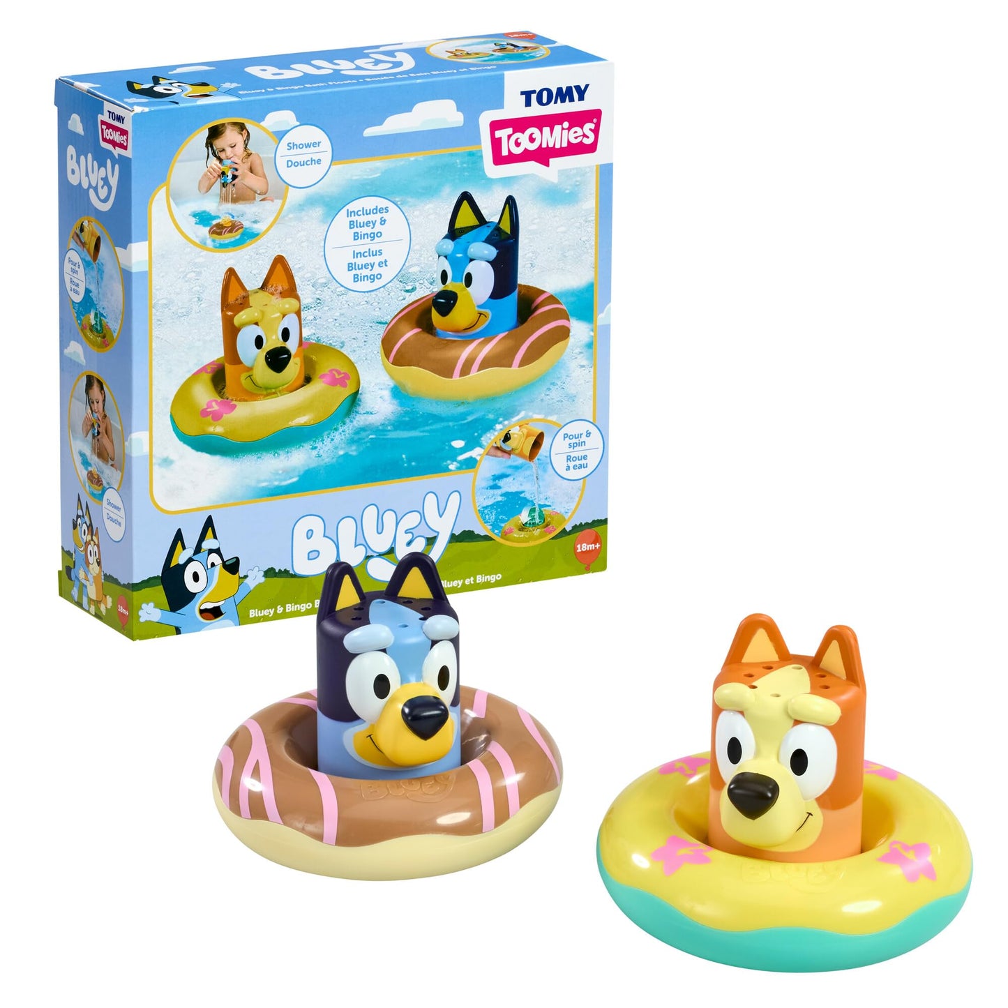 TOMY Toomies Splash & Float Bingo and Bluey Water Toys - 2-in-1 Toddler Bath & Pool Play Set with Pour Cups & Water Wheels - Ages 18 Months+