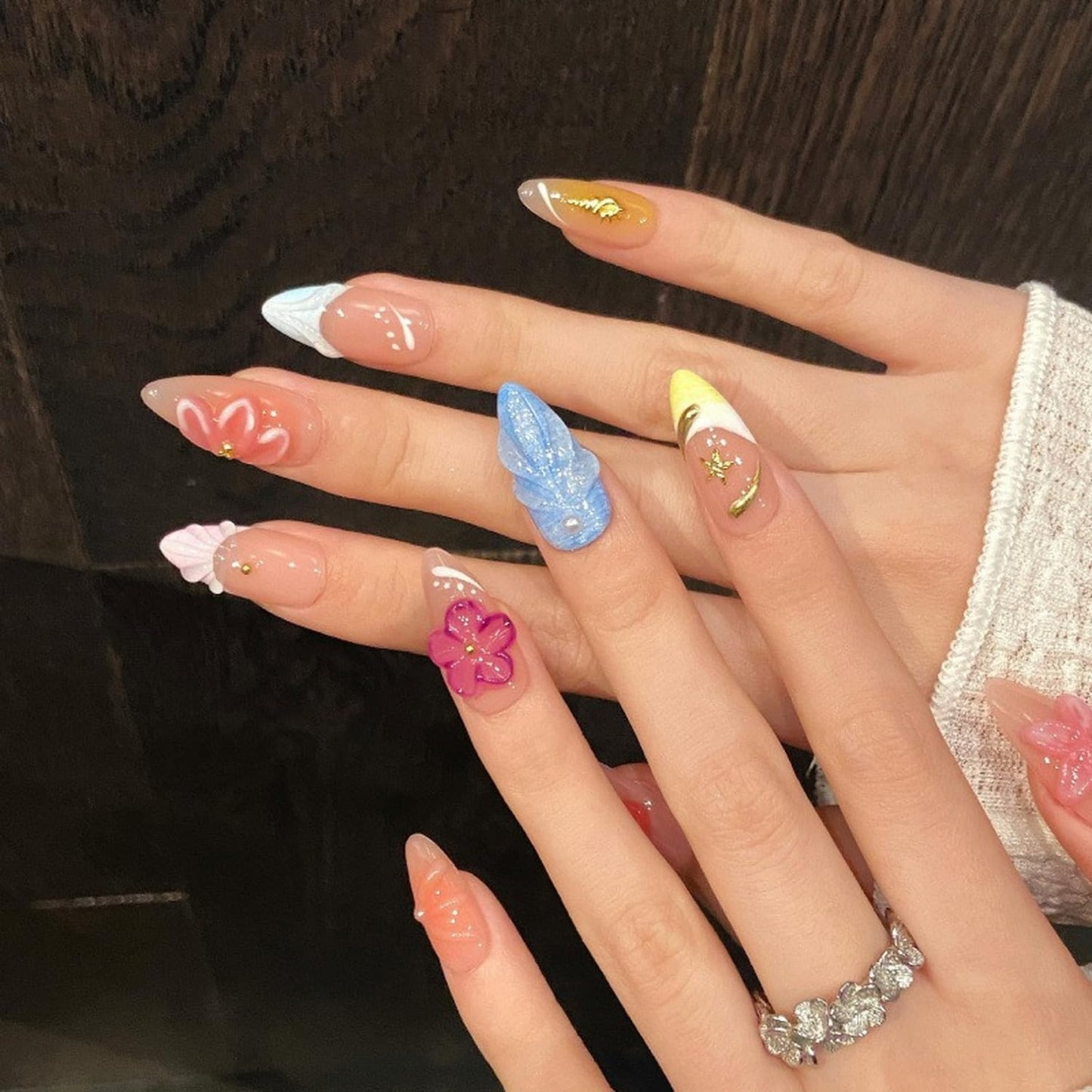 Luxury Press on Nails Medium Almond Handmade 3D Unique Reusable ABS Material Fake Nails French Tip False Nails with Designs Stars Pink Flower Art Petal Glossy Glue on Thick Acrylic Nails(M)