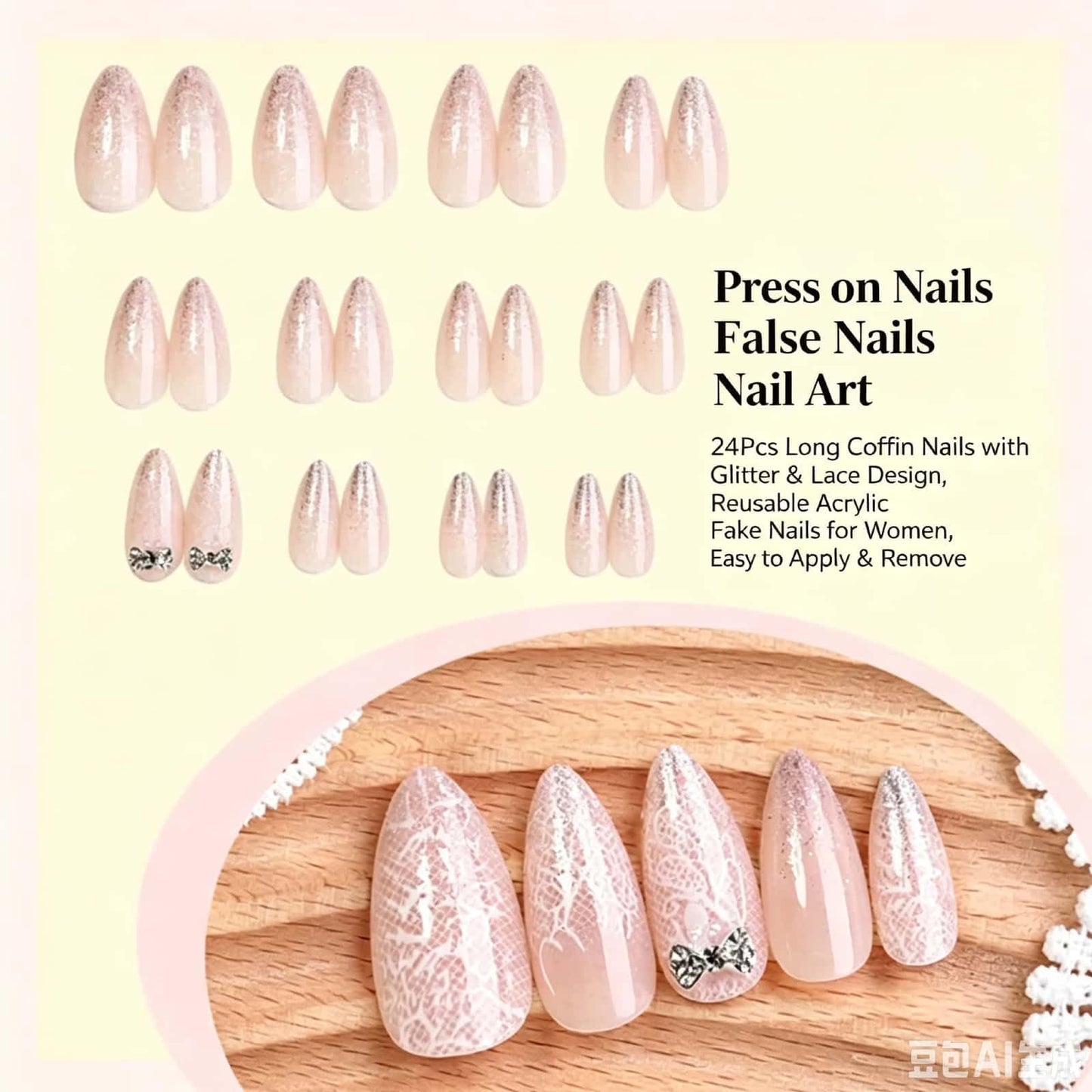 Lace Bow Press On Nails Almond Medium Fake Nails with Rhinestone Bow Design Glossy White Glue on Nails Spring Summer Reusable Artificial Nail Full Cover Stick on Nails for Women 24Pcs