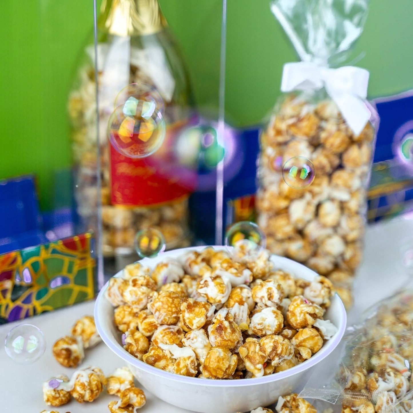 Birthday Bubble Box with Caramel White Chocolate Popcorn by Send A Cake, Ready to Gift, No Assembly Required - Happy Birthday Surprise - Unique Gift for Women, Men, Adult, Kids