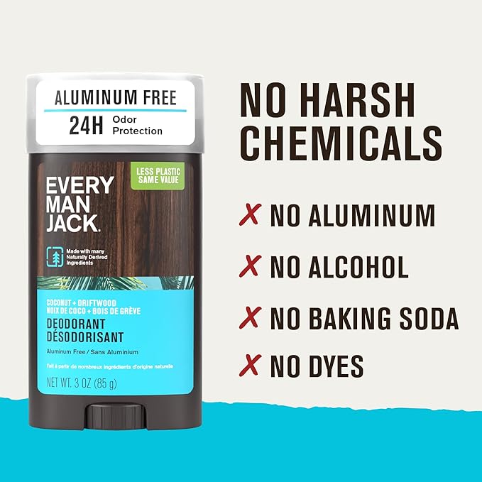 Every Man Jack Coconut Driftwood Men’s Deodorant - Stay Fresh with Aluminum Free Deodorant For all Skin Types - Odor Crushing, Long Lasting, with Naturally Derived Ingredients - 3oz (2 Pack)