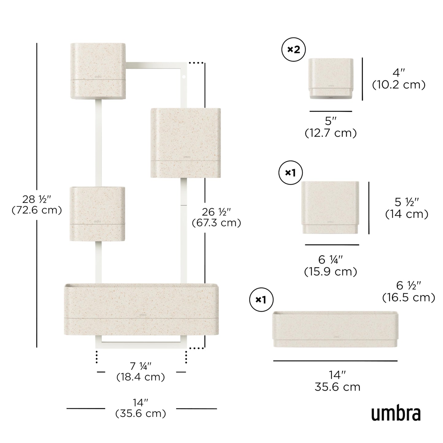 Umbra Cubiko Wall-Mount Planter with Four Adjustable Pots, Suitable for Indoor or Outdoor Use, Sand