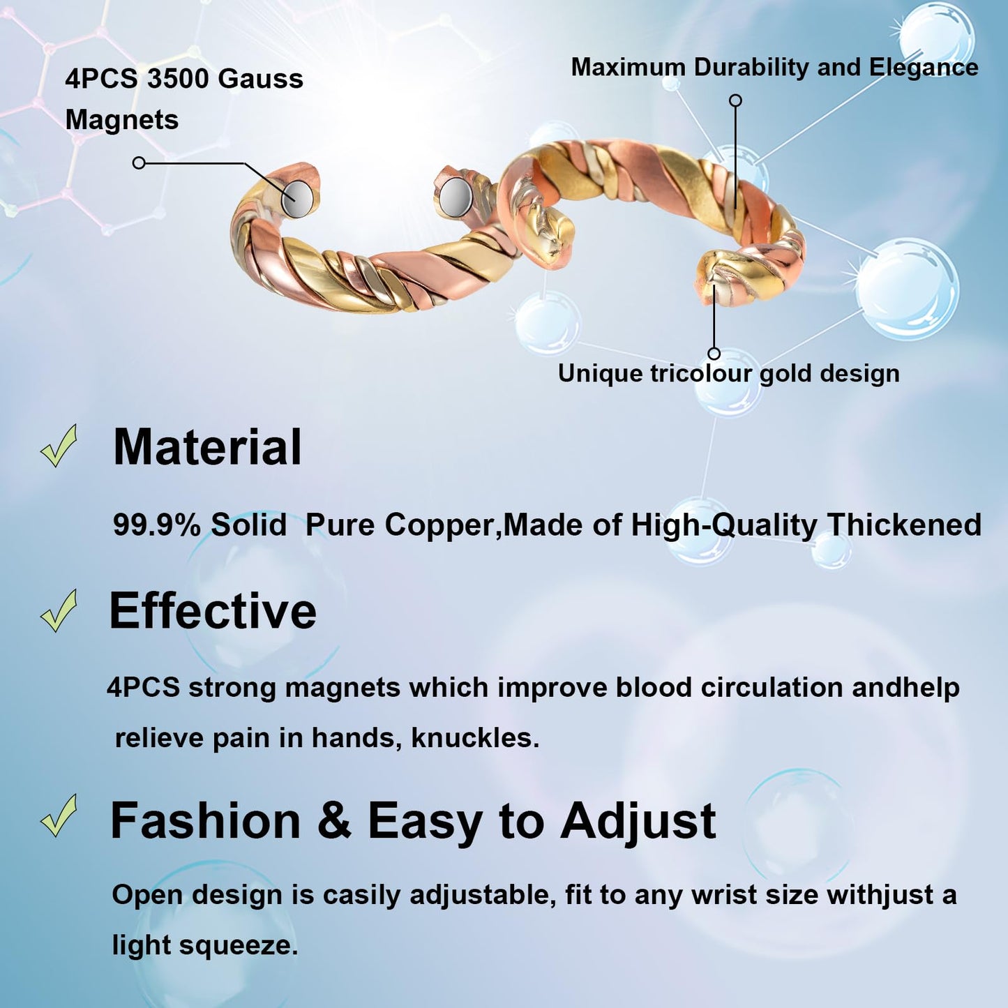 EnerMagiX Copper Ring for Women - 99% Pure Three-Color Gold Magnetic Weaving Ring - Jewelry Gift (2029)