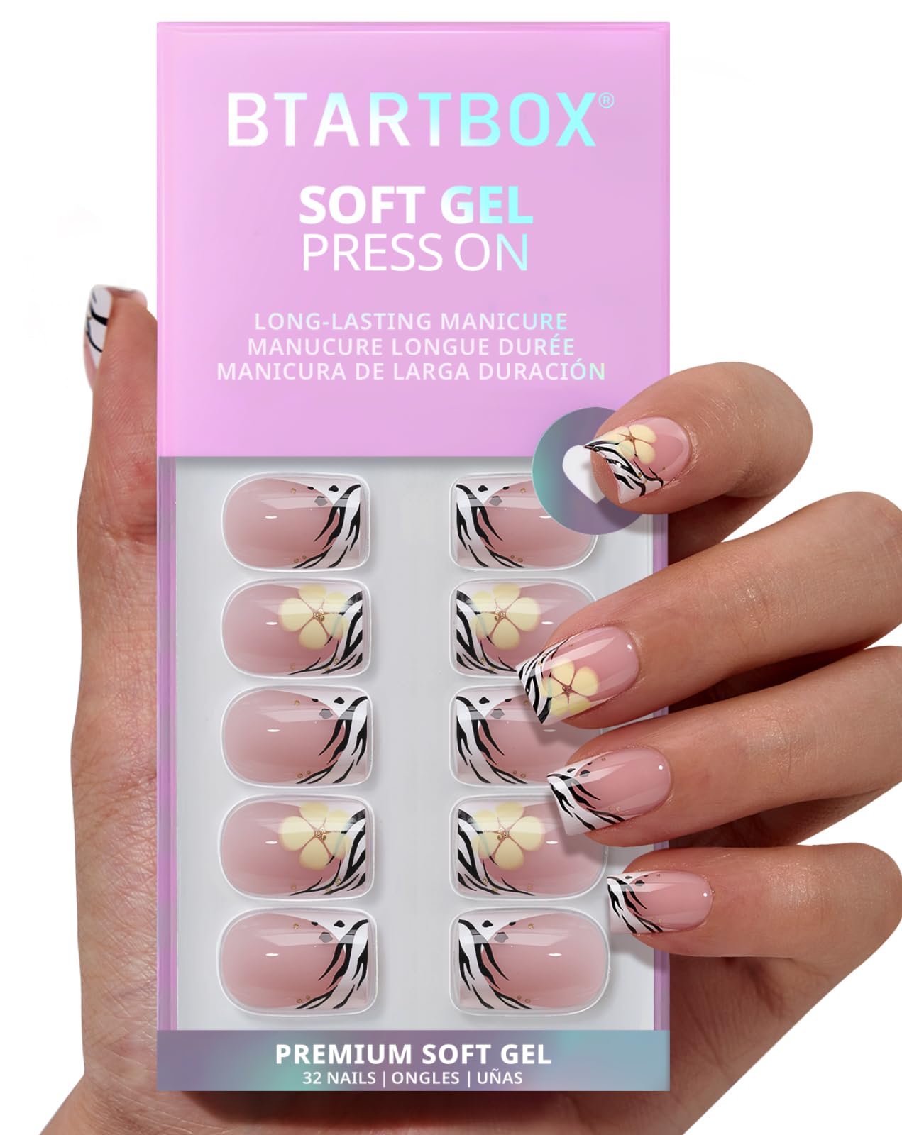 BTArtbox French Tip Press On Nails - Isle Plumeria, Easy-to-Apply Flower Short Square Press On Nails with Glue and Adhesive Tabs in 16 Sizes - 32 Nails All-in-One Kit