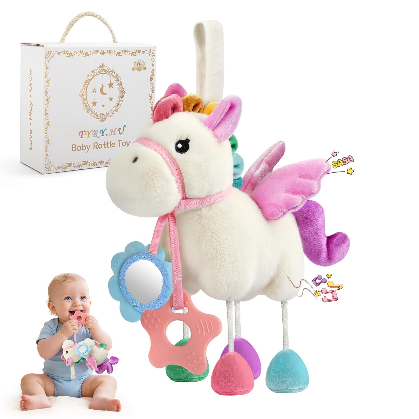 TYRY.HU Baby Stroller or Car Seat Toy,Soft Plush Stroller & Cot Hanging Toys, Rattle Sensory Developmental Activity Toy-Textured Ribbons&Crinkle Sounds&Silicone Teether, Gift for 0 3 6 9 12 Months