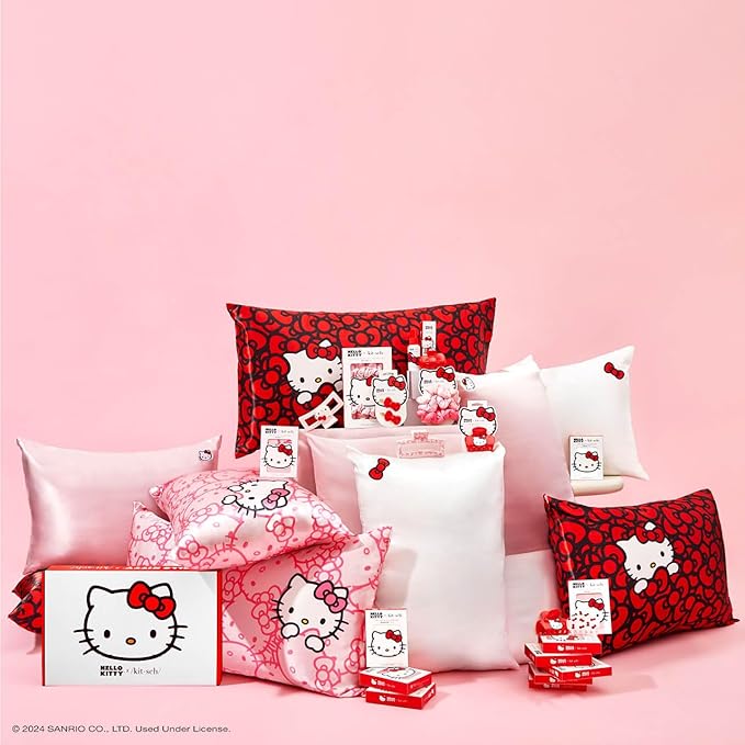 Kitsch x Hello Kitty (Pink Kitty Faces) - Satin Pillowcase with Zipper for Hair and Skin, Softer Than Silk Pillow Case, Cooling Pillow Cover, Machine Washable, Queen/Standard (19x26)