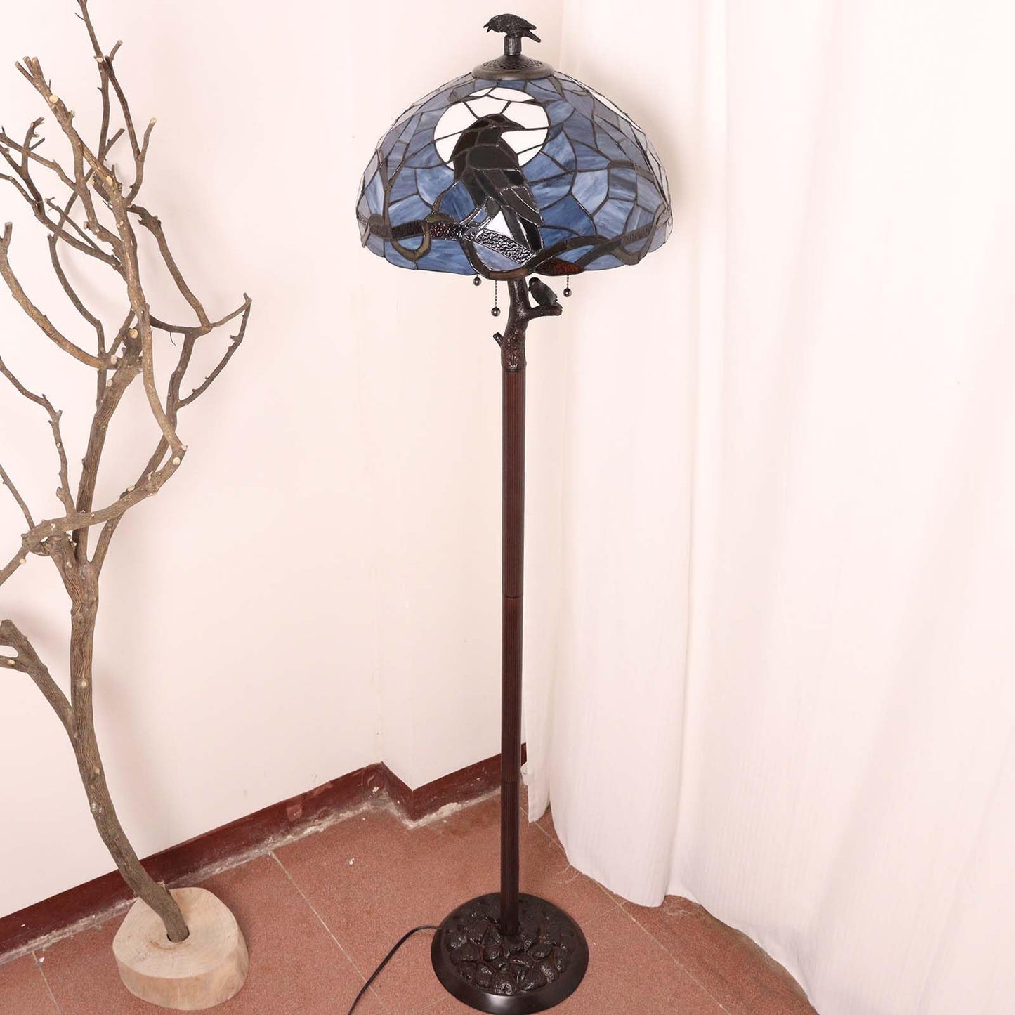Bieye L12023 Tiffany Style Stained Glass Raven Floor Lamp Gothic Crow and Full Moon Design for Home Décor, 16Wx62H