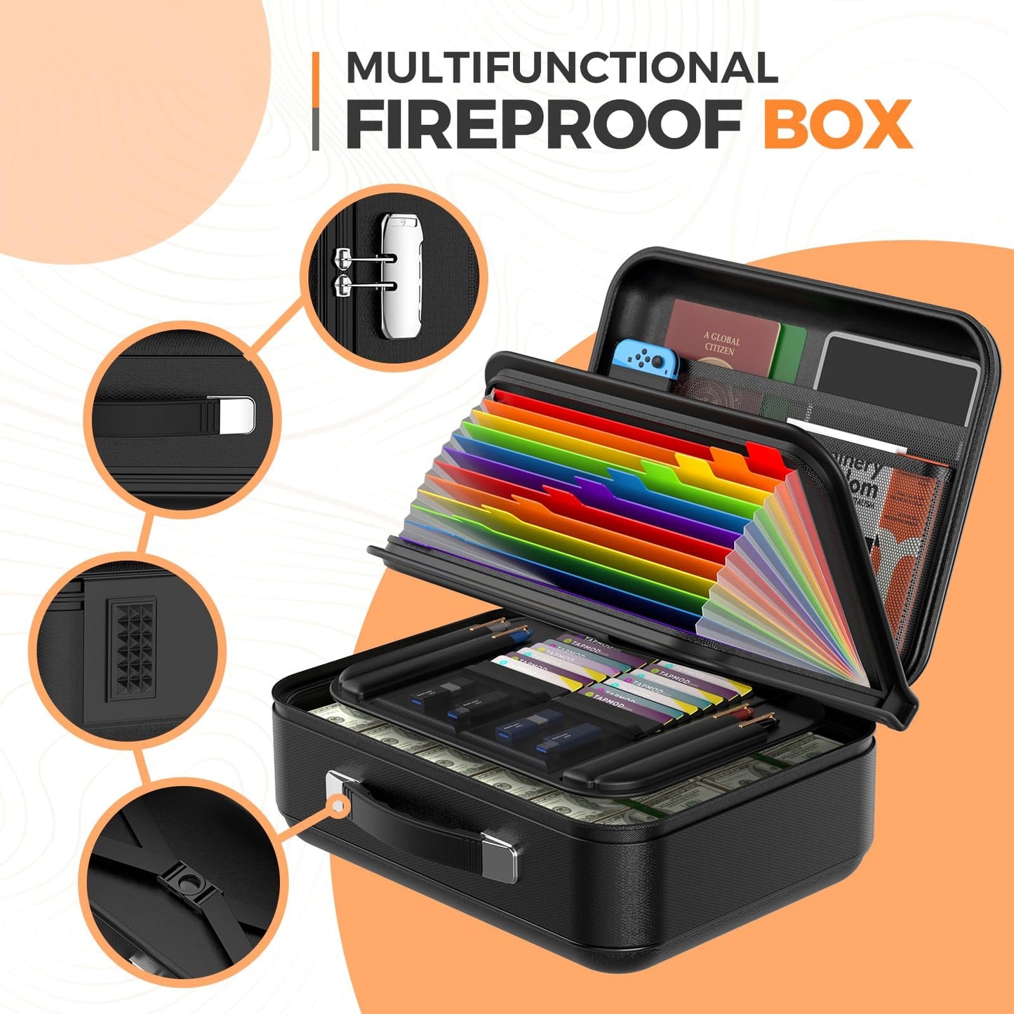 EDMUED Fireproof Document Box with Combination Lock, Fireproof Water Resistant Hard Case Safe Box for Important Documents Certificates Laptop Passports
