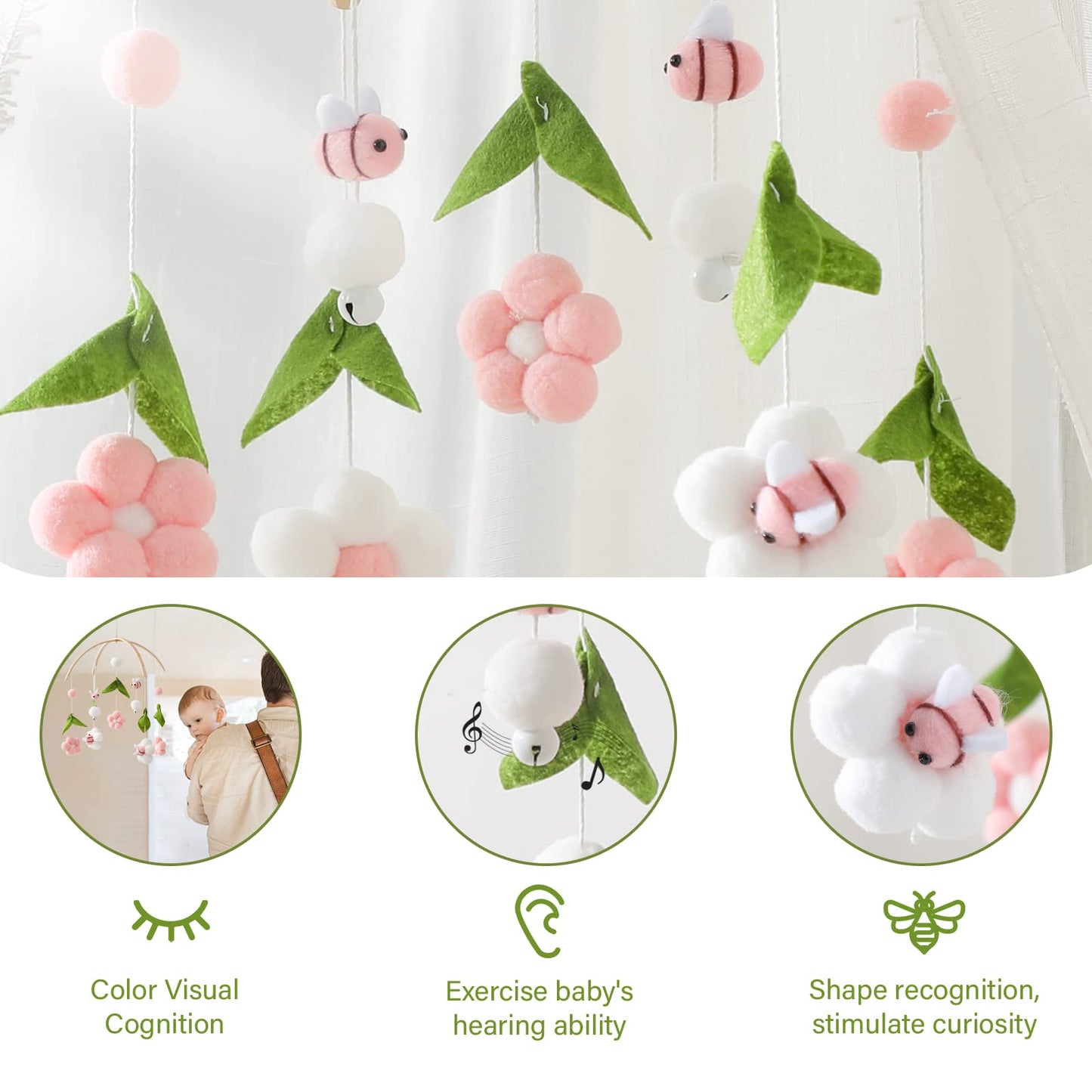Wooden Wind Chime Bed Bell Crib Mobile, Neutral Pink Bee Baby Ceiling Mobile