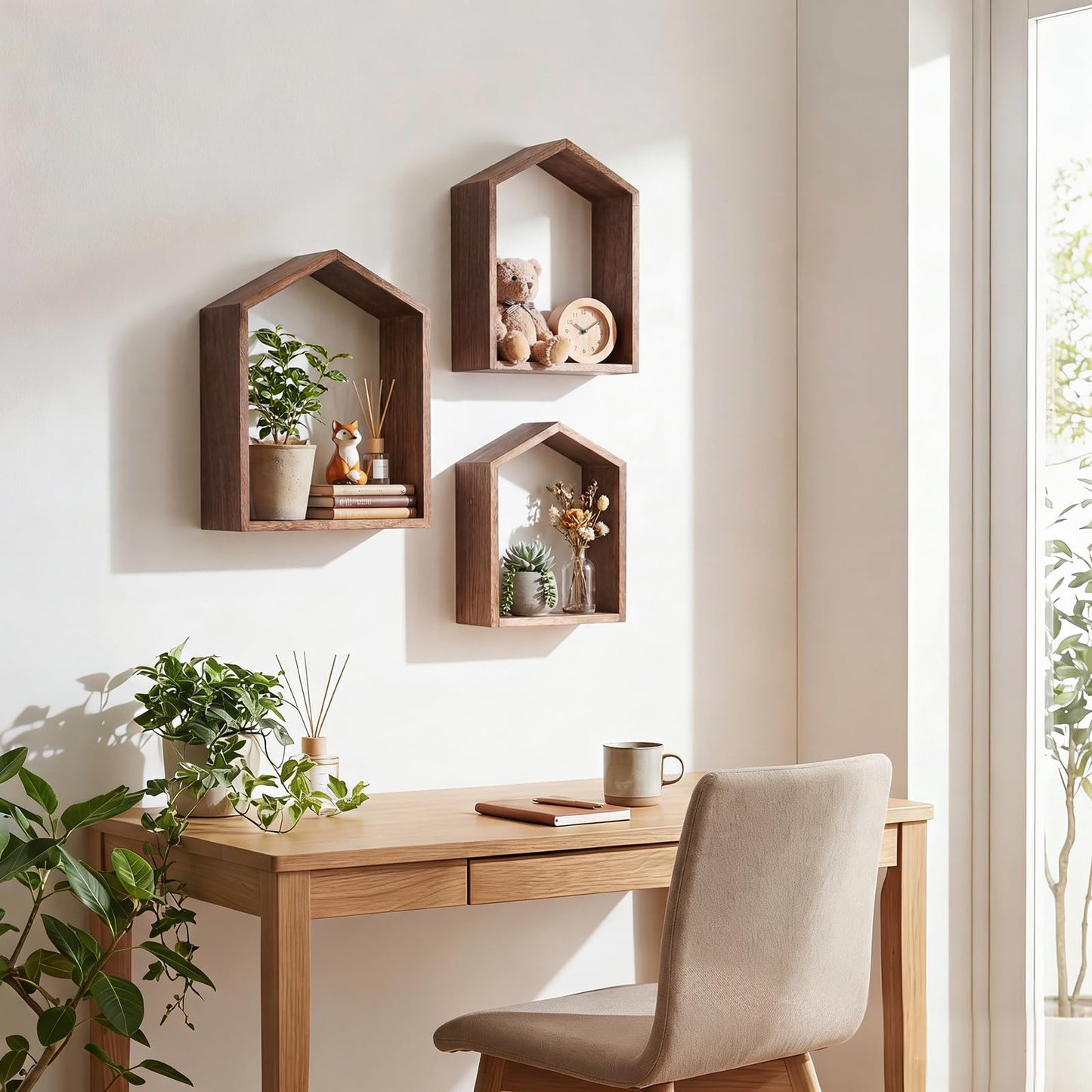 Threehoney 3 Set Wall Shelf 9.8 x 7.1 Inch Wooden Hanging Shelf Deep Display Storage Shelves Floating Shelves for Home Office Room Mini Figures Potted Plants Wall Decor(House,Brown)