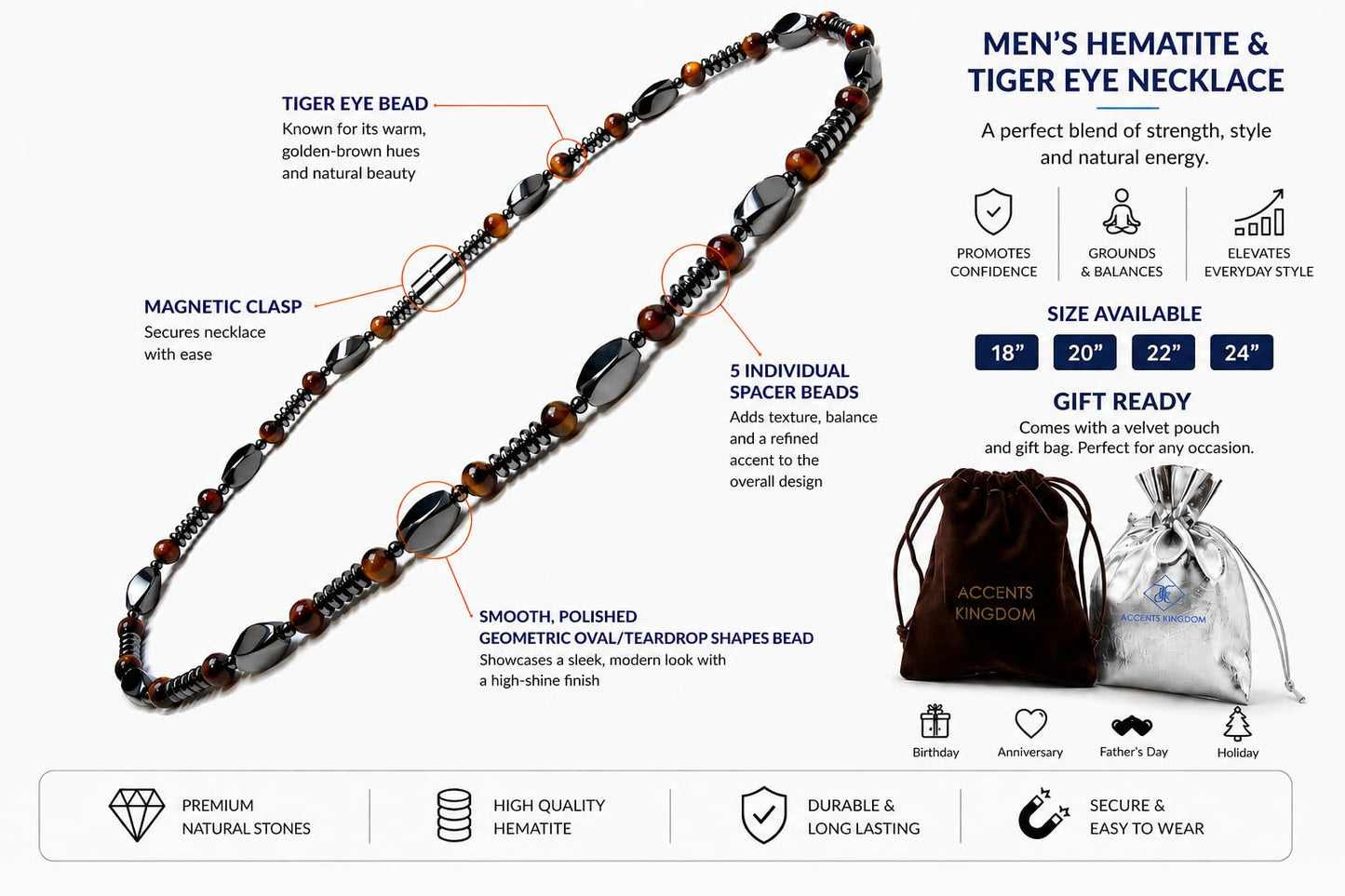 Accents Kingdom Men's Hematite Therapy & Healing Stone with Tiger's Eye Bead Necklace, 18"