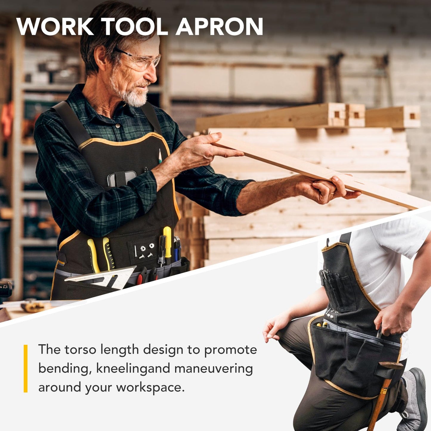 BRITEREE Work Tool Apron for Men and Women, Torso Length with 21 Tool Pockets, Durable Canvas Apron, DIY Enthusiasts, Gifts for Men Dad Father(Black)