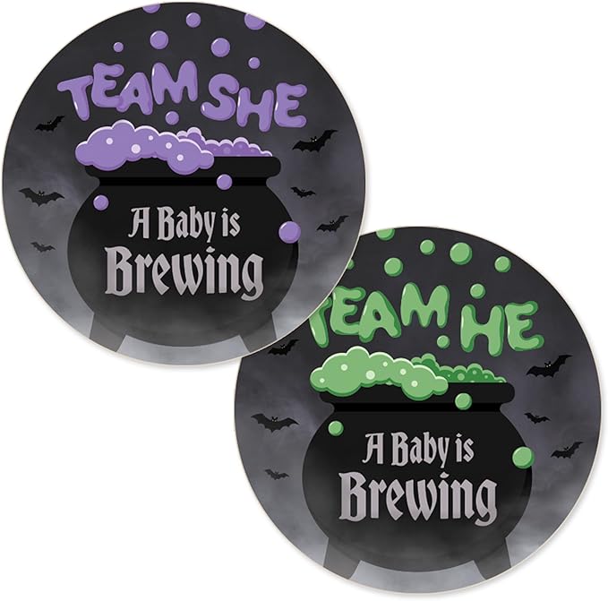 Baby is Brewing Halloween Gender Reveal Stickers 40ct – Bubbling Witch Cauldron Team He or Team She in Purple & Green