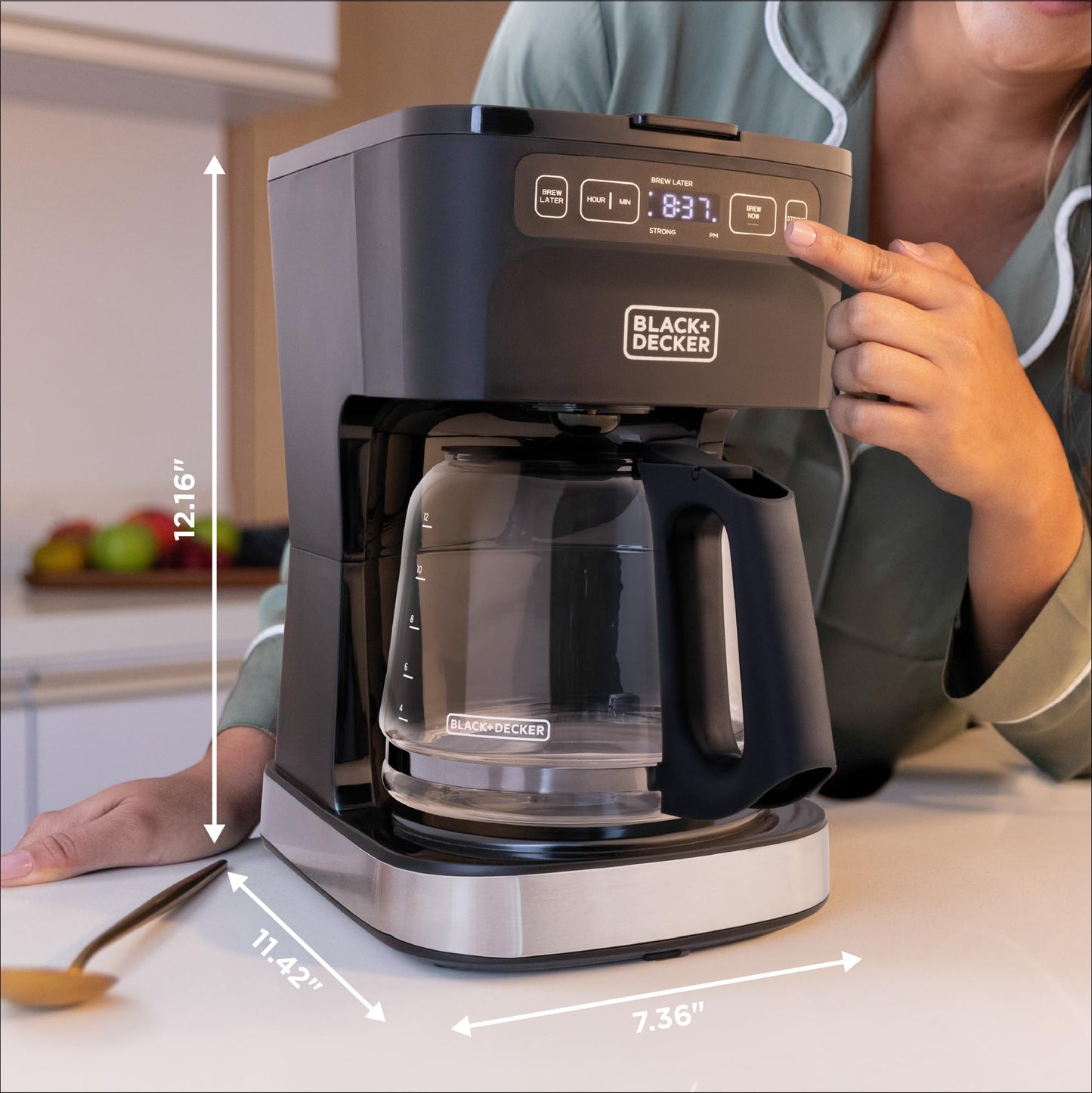 BLACK+DECKER CAFÉCRAFT 12-Cup Programmable Coffee Maker, Stainless Steel Drip Coffeemaker with Vortex Showerhead, Strength Selector, Sneak-A-Cup, Keep Warm