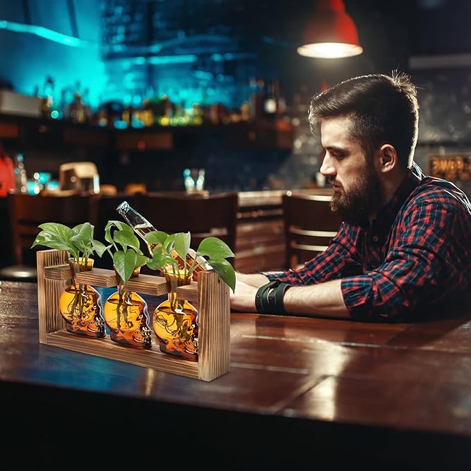 Plant Terrarium Propagation Stations Hydroponics Halloween Skull Planter Vase Skulls Decor with Wooden Stand Gift for Father