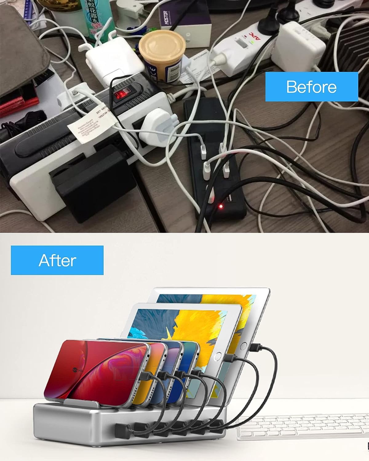 Charging Station for Multiple Devices - 6 Port Multi USB-A Charger Stations Multi-Device Organizer Charging Dock for iPhone iPad Android Cell Phone Tablets with 6 Mixed Cables Included(UL Certified)