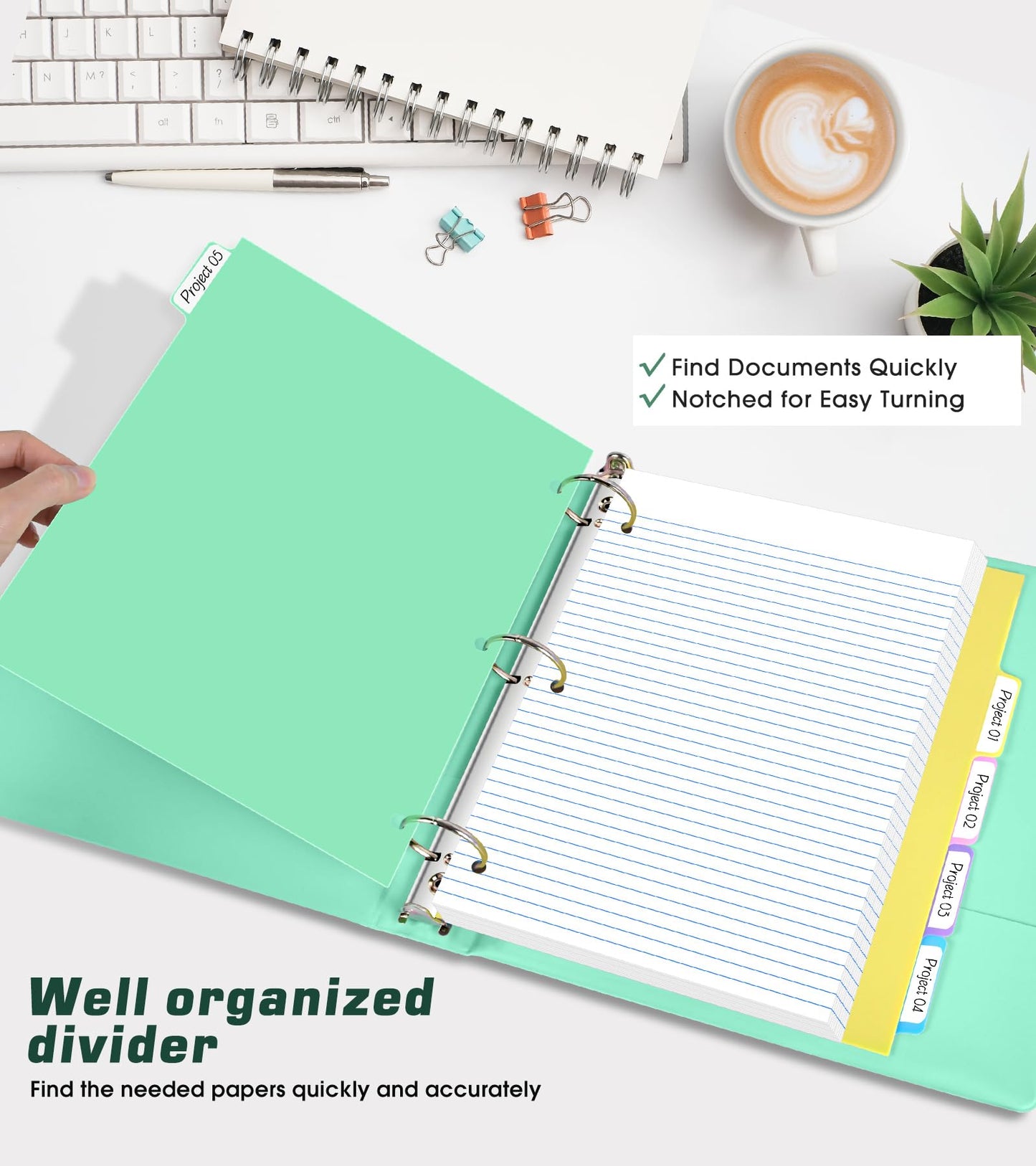 3 Ring Binder 2 inch，Cute Binder Organizer with 5 Tab Dividers Fits 175 Sheets of 8.5x11 Paper, Customizable Clear Cover with Inside Pockets, Aesthetic 2" Three Ring Binders for School Office，Green