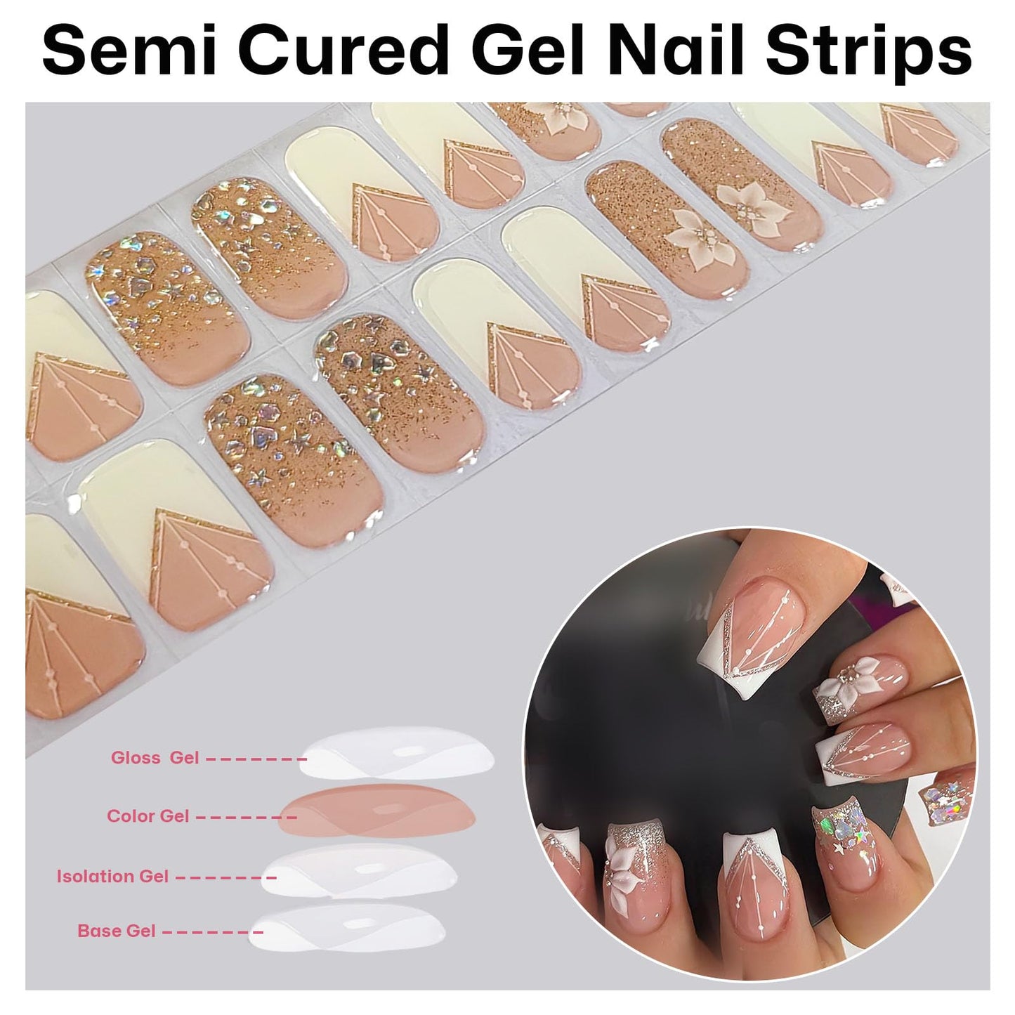 Semi Cured Gel Nail Strips French Tip Gel Nail Strips Whhite Flower Stickers Glitter Wraps Need UV/LED Light Salon Quality & Easy to Use for Women 20 Pcs