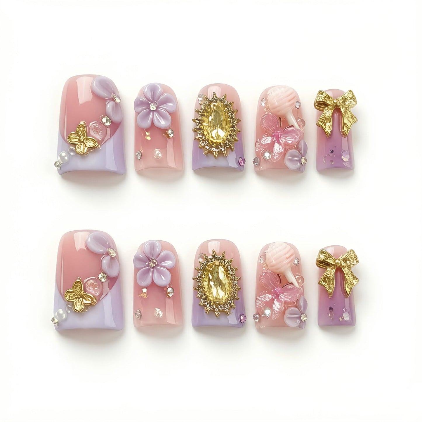 Handmade Acrylic Press on Nails Short Duck Nails Press on Thick French Tip with 3D Design Reusable Glossy Fake Nails Cute Nail Art DIY for Women 10pcs (Size M）