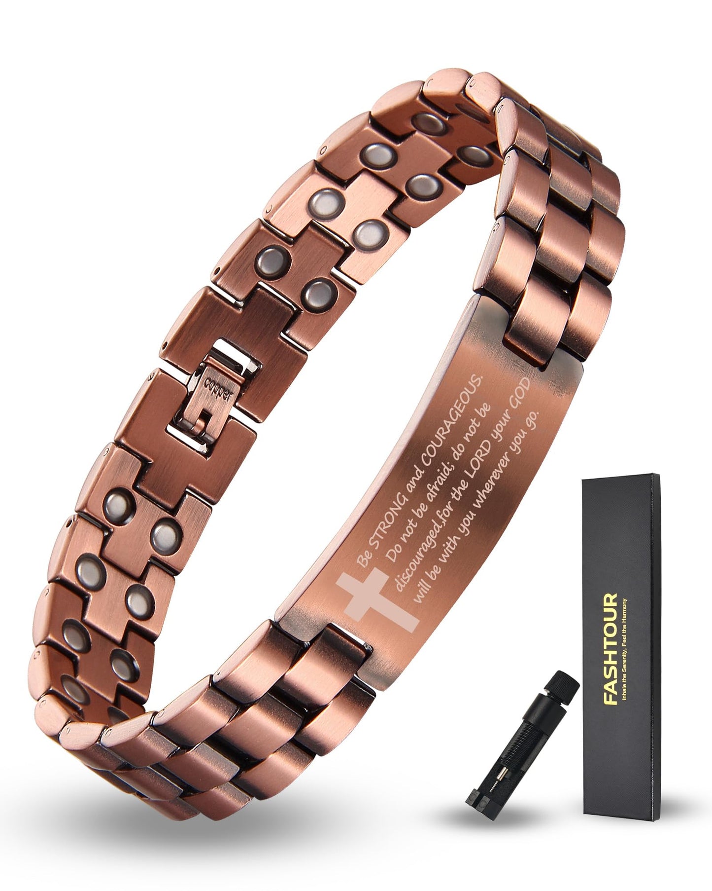 Fashtour Copper Magnetic Cross Bracelet for Men - Ultra Strength Magnetic Mens Cross - With Size Adjustment Tool (Joshua 1:9)