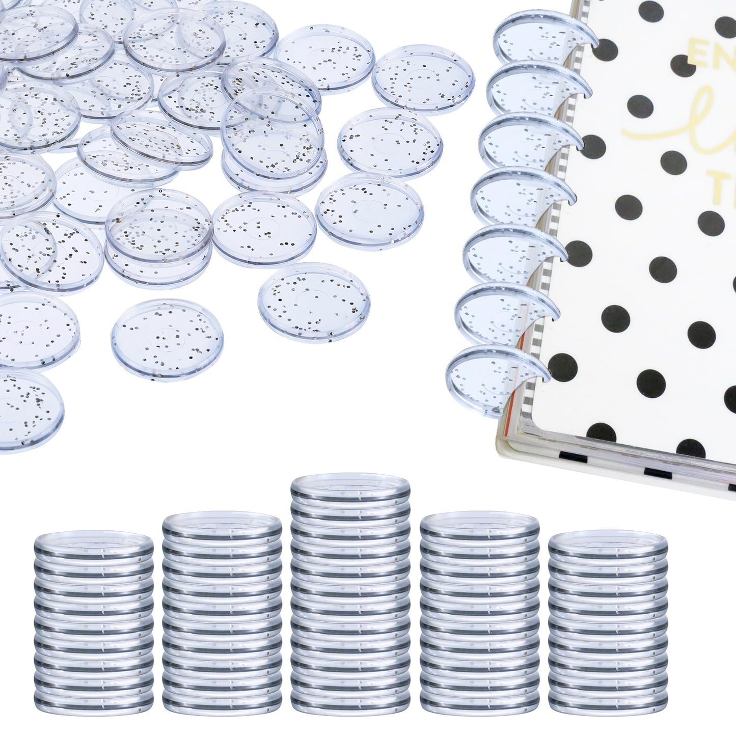 Outus 50 Pieces Expansion Discs Notebooks Planner Discs Book Expansion for DIY Notebooks Planners Clear with Silver Sequins(1.5 Inch)