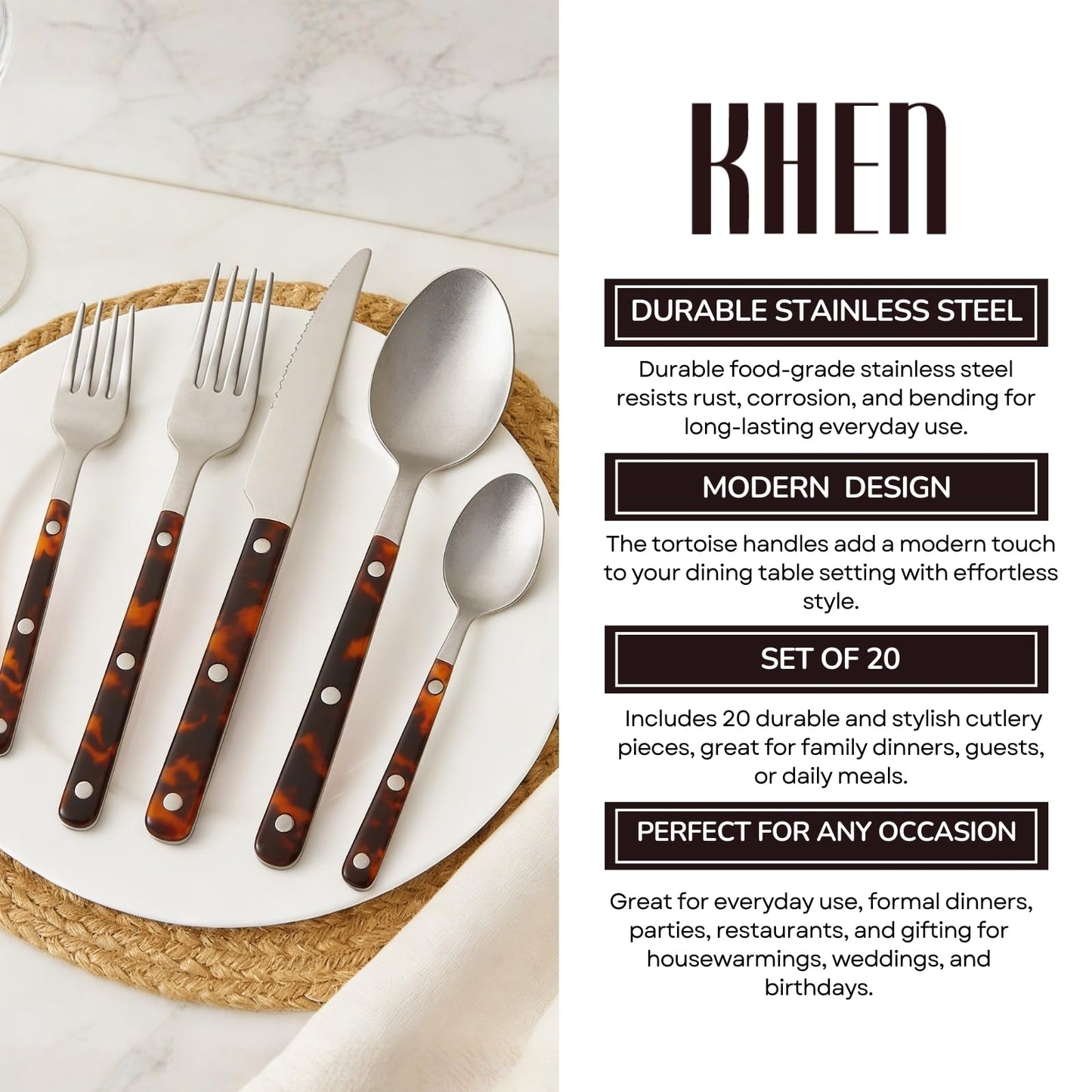 Khen Premium Stainless Steel Flatware Set, 20 Piece Tortoise Cutlery Collection, Mirror Polished Tableware Utensils for Kitchen Dining, Elegant Modern Design with ABS Handle, Durable Dinnerware
