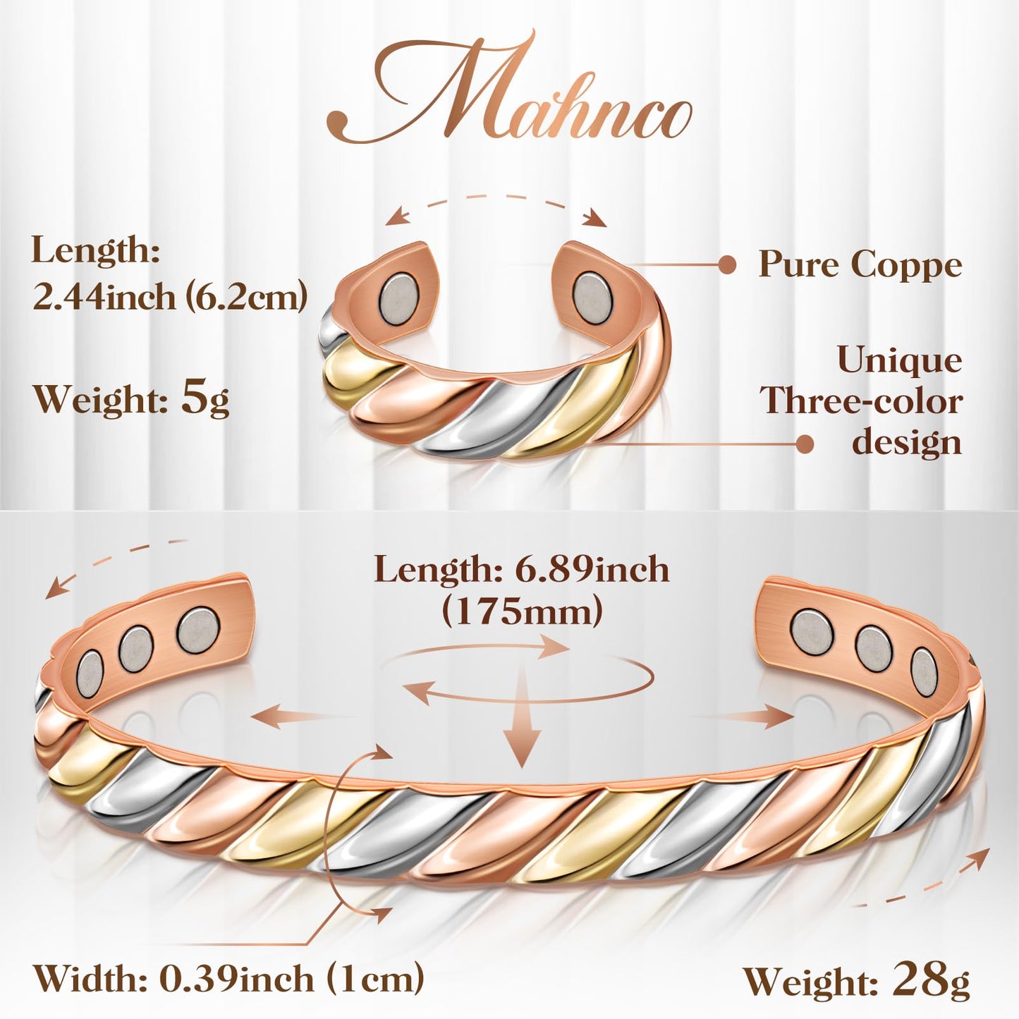 Mahnco Copper Bracelets for Women Men Lymph Detox Magnetic Bracelet & Ring Magnetic Copper Bracelet, Tri-color Bracelet Jewelry Gift for Christmas Valentine's Day Mother's Day
