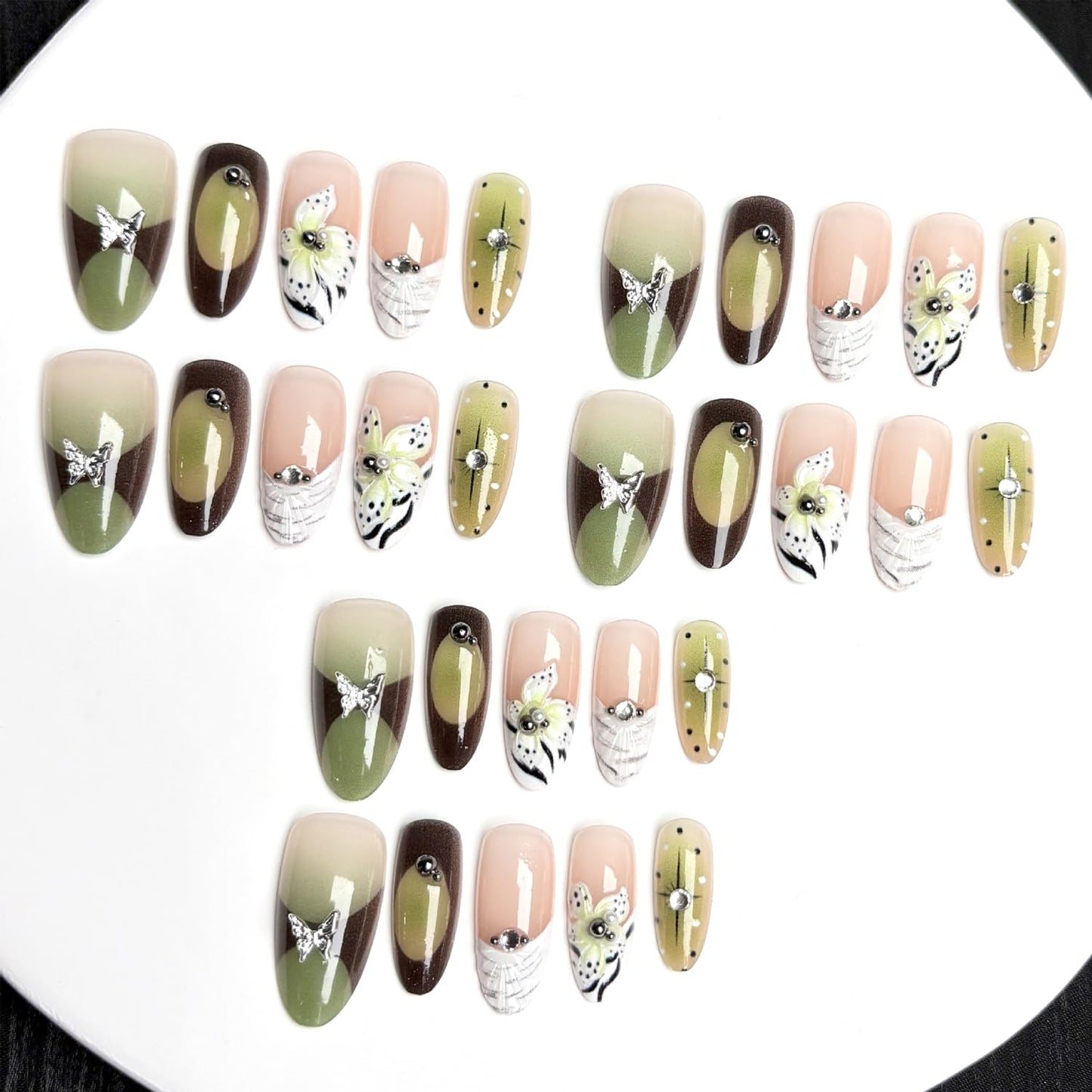 30Pcs Green Press on Nails Almond Medium Fake Nails with 3D Rhinestone Design Stick on Nails Flower Butterfly False Nails Spring Summer Acrylic Nails French Tip Handmade Nail Art Kit for Women