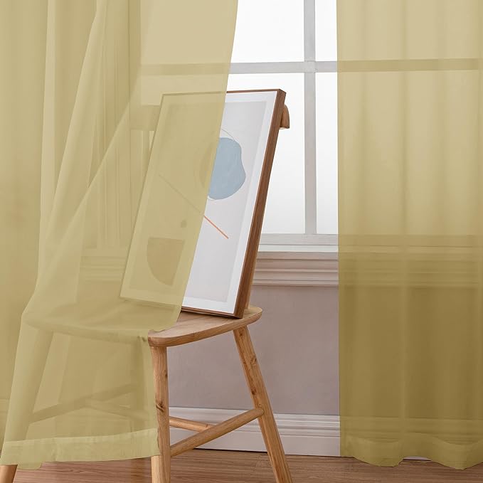 Simplebrand Rod Pocket Top Solid Voile Sheer Curtains for Bedroom, 54 Inch Length Drapes Set of 2, Lightweight and Light Filtering Elegant Curtains Panels Window Treatment, 42W×54L, Gold