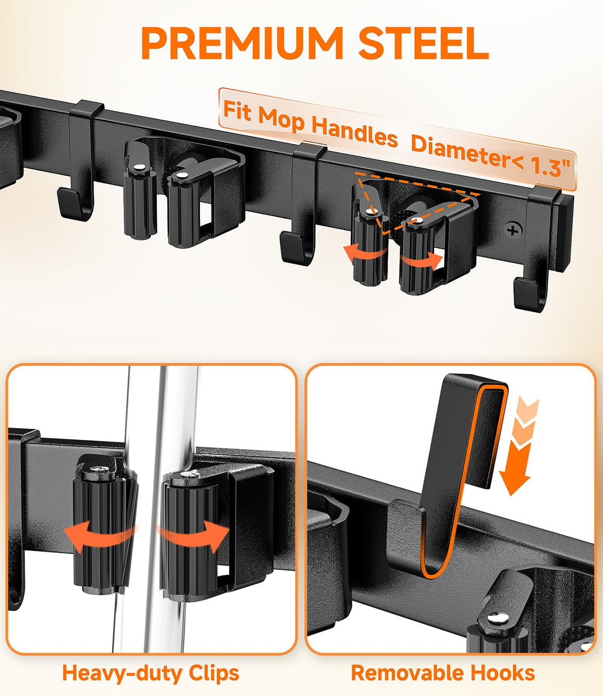 2Pack Broom Holder with Organizer Shelf 8 Broom Slots 10 Removable Hooks (2 Count)