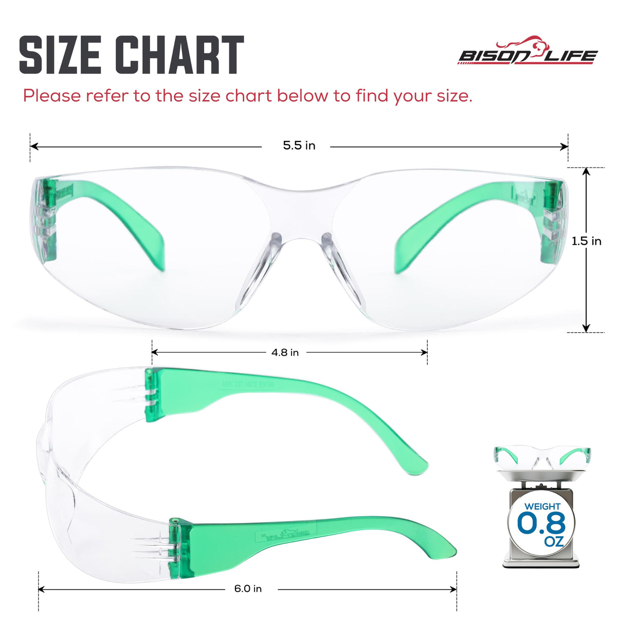 Clear Lens Green Temple Safety Glasses Bulk 6 Pack (6 Count)