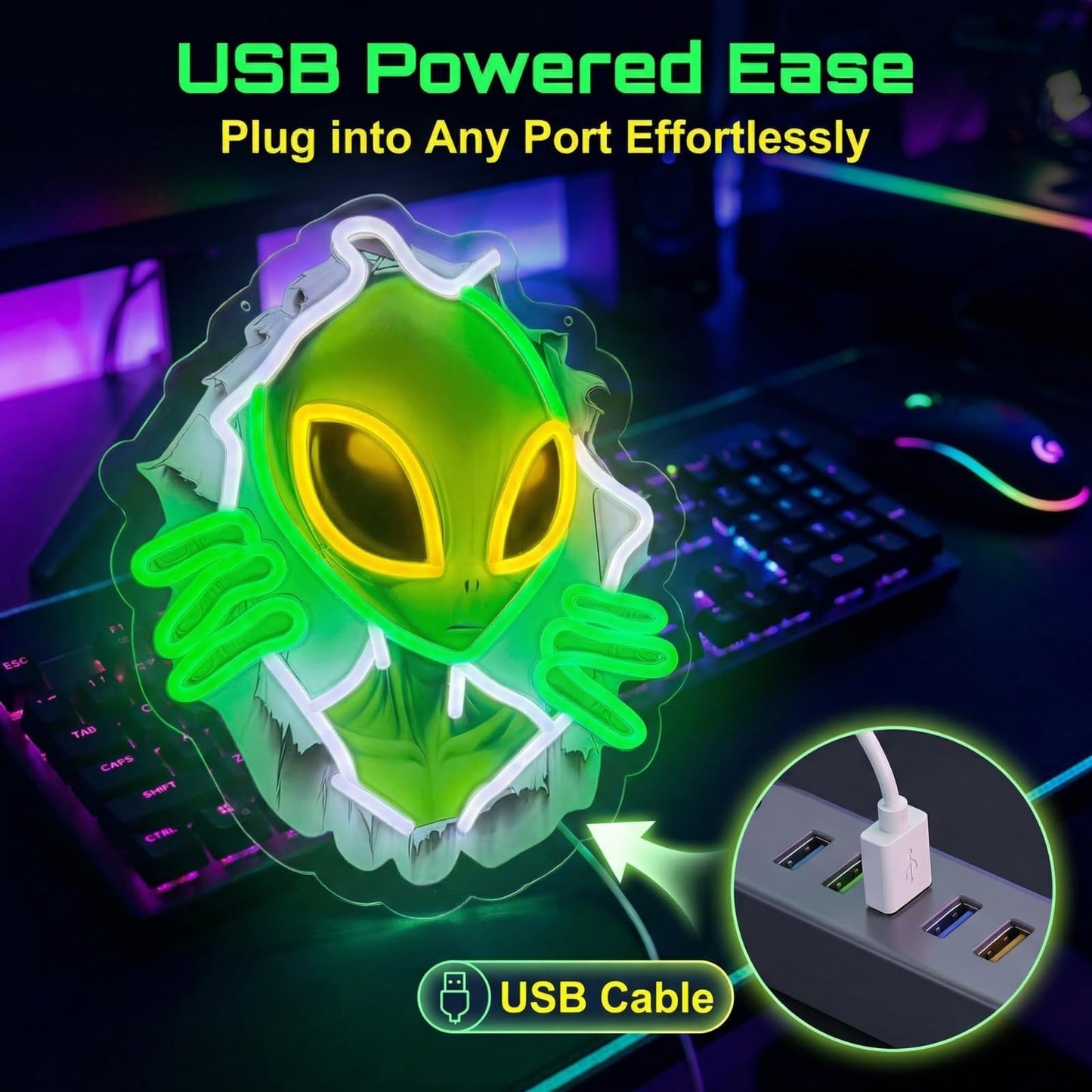 Alien Peeking Through Wall Neon Sign, Green UFO LED Wall Light, USB Powered Alien Neon Light for Game Room, Men's Cave, Bedroom & Party Decor, Ideal Alien Gifts