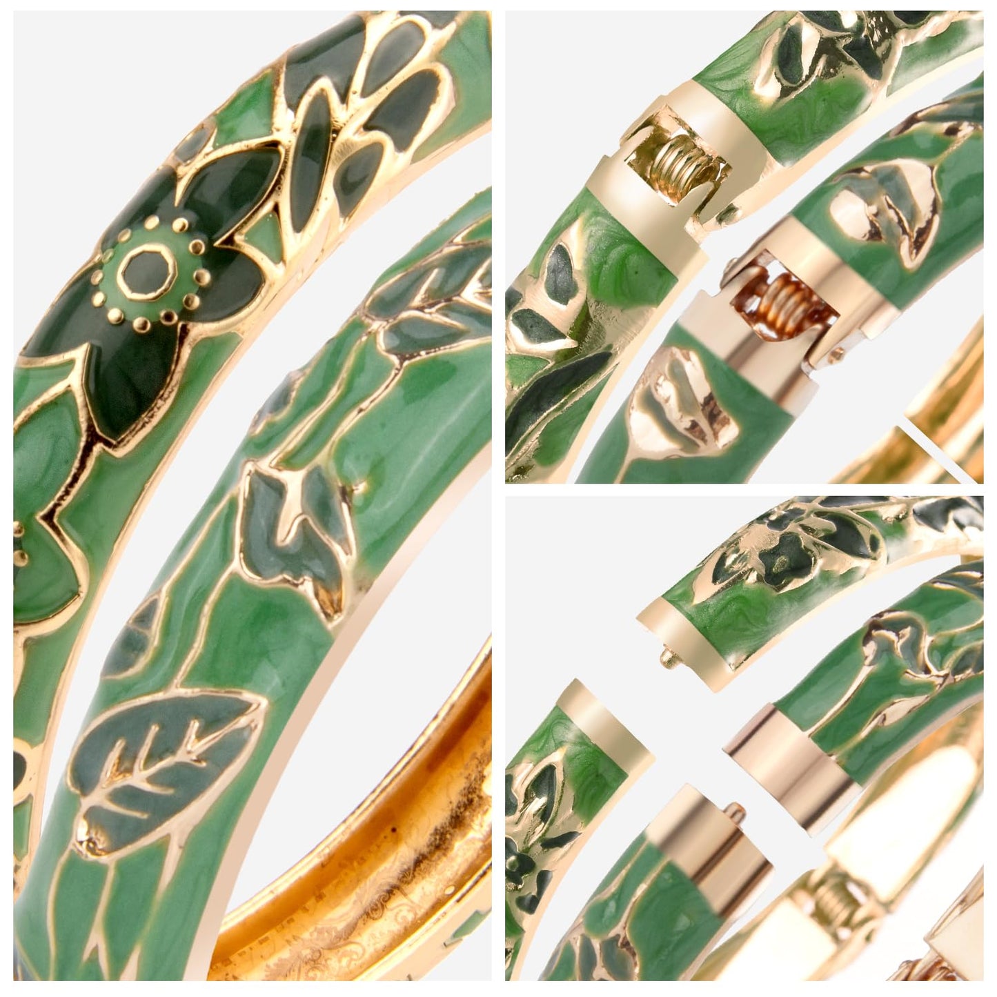UJOY Women Cloisonne Bracelet Multi-Colors Gold Plated Rhinestone Flower Hollowed Enameled Hinged Cuff Bangles Jewelry Gift 55A88B 3pcs Green