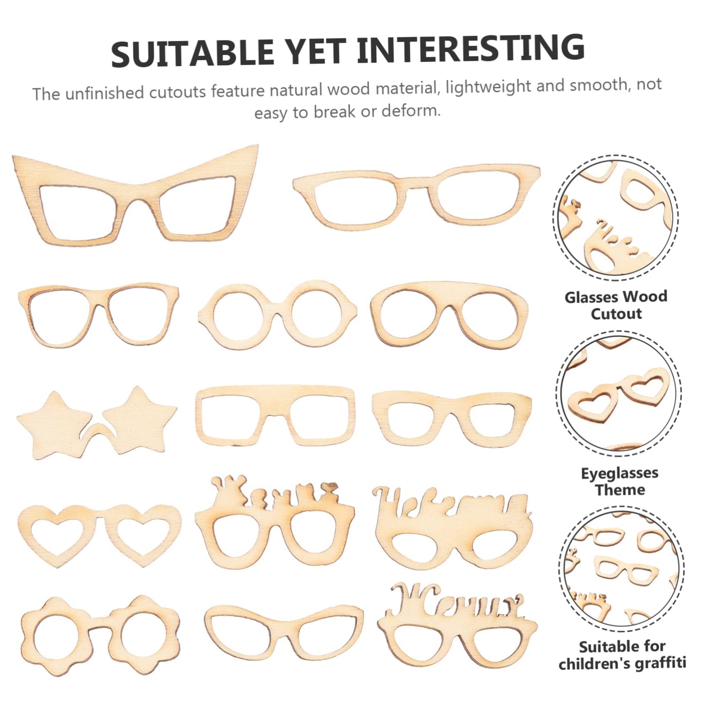 COHEALI 51Pcs Unfinished Wooden Glasses Cutouts DIY Craft Shapes Lightweight Smooth Wood Slices for Kids Painting and Creative Projects