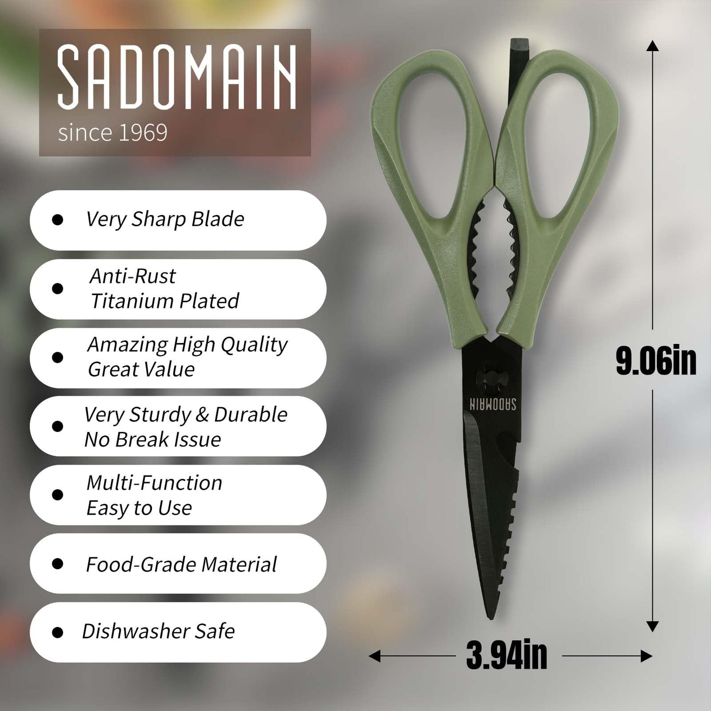 SADOMAIN Kitchen Scissors All Purpose, Extra Sharp Kitchen Shears with Knife Sharpener & Sheath, Solid & Durable Stainless Steel Scissors with ANTI-RUST Black Titanium Plated, Dishwasher Safe - Green