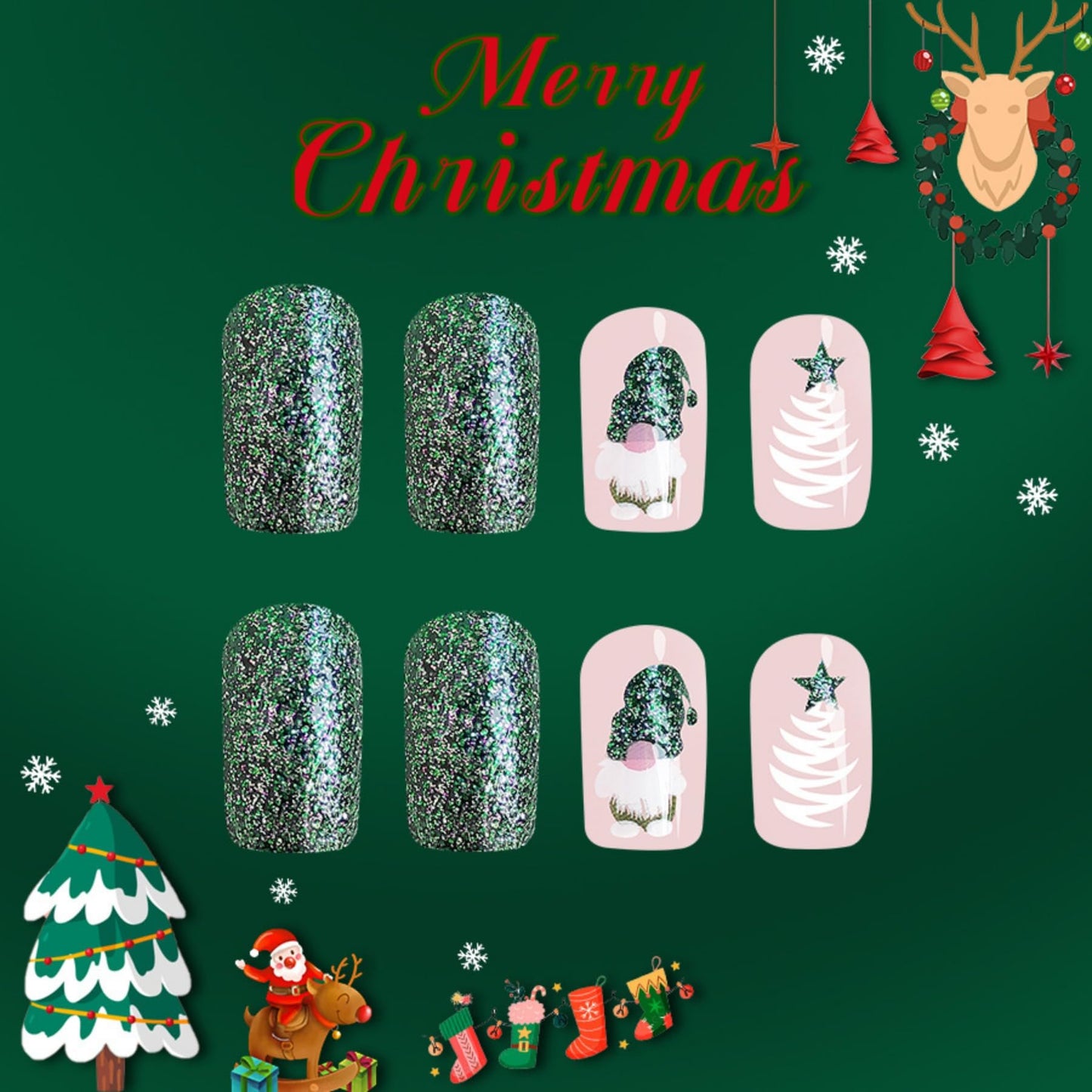 Christmas Green Press on Nails Medium Square Fake Nails with Santa Claus Dwarf Design Glossy False Nails Cute Christmas Nails Acrylic Nails Full Cover Glue on Nails Stick on Nails for Women 24Pcs