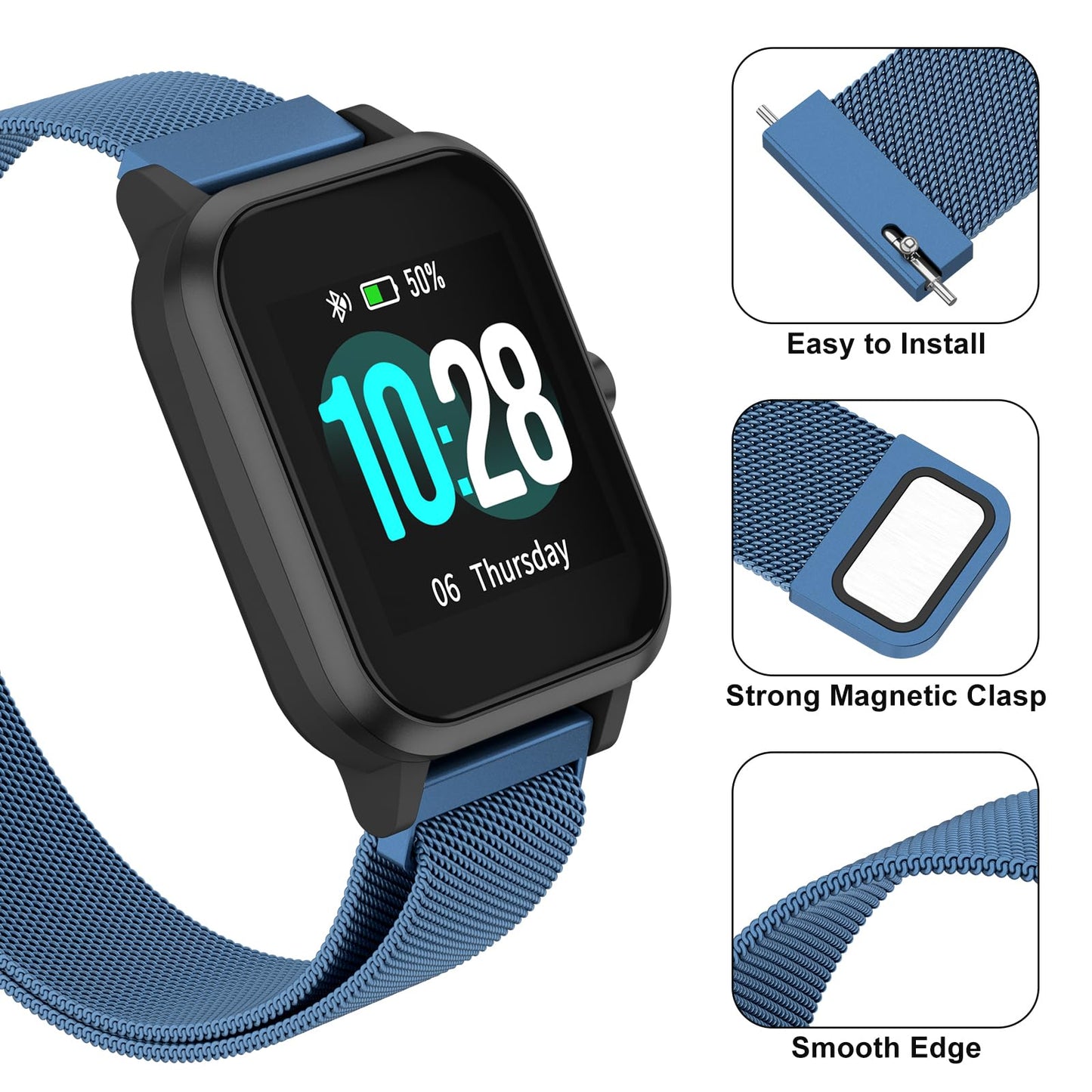 Vanjua 22mm Watch Band Quick Release Replacement Wristbands, Stainless Steel Metal Mesh Loop Adjustable Magnetic Replacement Straps Bands for Men Women
