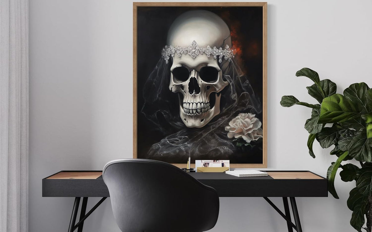 Skull Bride Poster Art Print, Halloween Scary Vintage Wall Art Academia Spooky Painting Decoration for Horror Prints, Gothic Posters Bedroom Decor 89 (Skull Bride, 16 x 20 inches, Wood Frame)