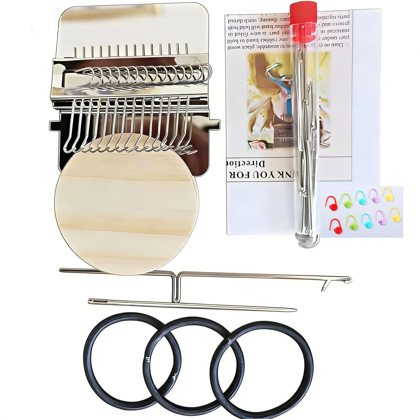 Complete Darning Loom Kit for Clothes Repair & Mini Weaving | Includes Wooden Loom, 14 Needles, Elastic Bands, Stitch Markers | Portable Sewing/Mending Tool for Socks, Sweaters