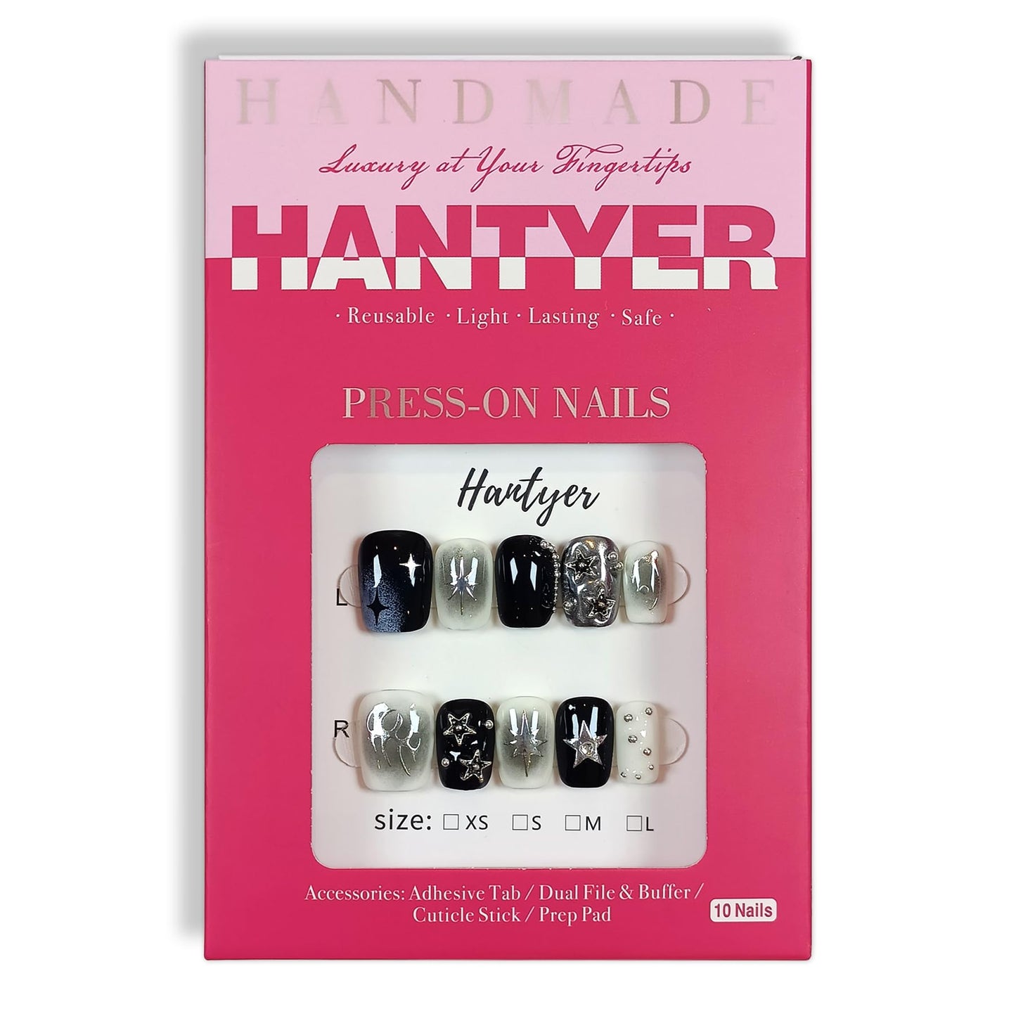 Hantyer Short Square Press On Nails, Handmade Soft Gel Dark Glam Metallic Fake Nails with Silver 3D Stars & Sculptural Accents, Grunge Inspired Reusable False Nails 10PCS Kit (Size XS)