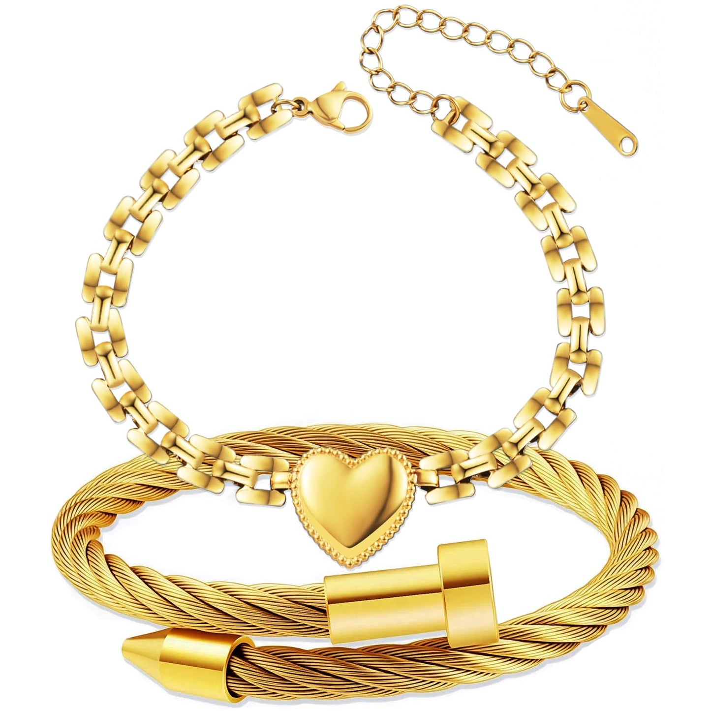 LCTrusttmor Gahna Heart Bracelets for Women, Stackable 18K Gold Plated Heart Charm with Adjustable Link Chain Set Trendy Jewelry Gifts