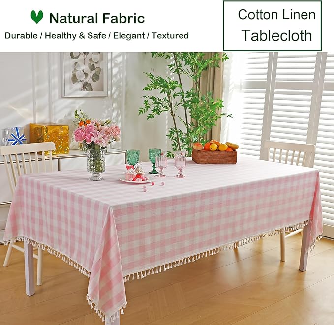 Rectangle Table Cloth for Spring, Summer, Valentine's Day, Easter, Christmas Tablecloth-Farmhouse Checkered Cotton Tablecloths (55" x 84",Pink)