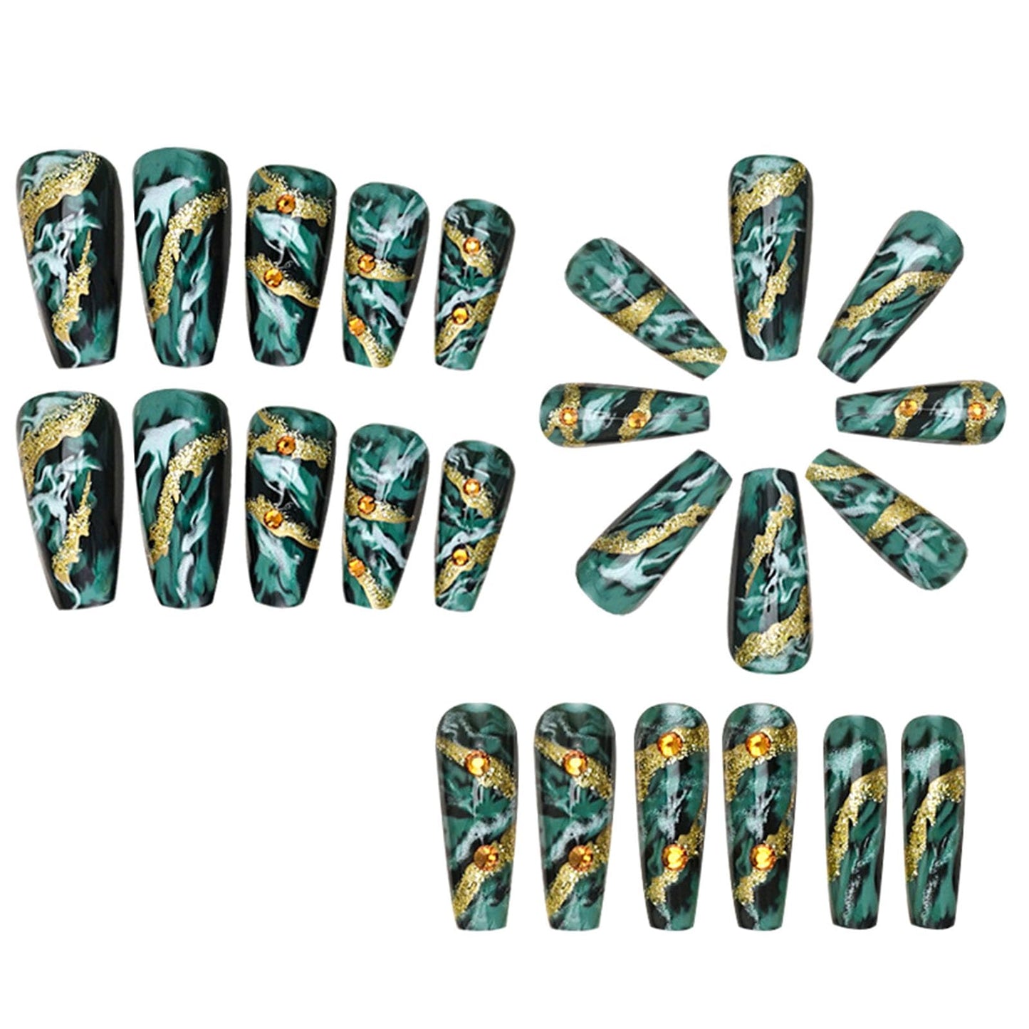 Medium Press on Nails Coffin Fake Nails with Golden Glitter Lines Rhinestones Designs Glossy Nails Press ons Green Gradient Glue on Nails Acrylic Artificial Stick on Nails for Women 24Pcs