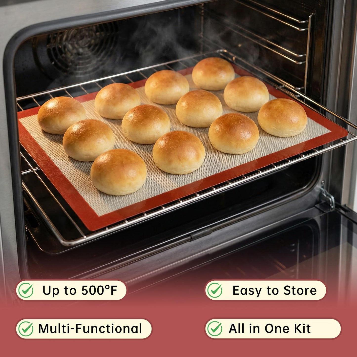 HEIFAM Non-stick Silicone Baking Mat Set of 7, Large Baking Silicone Mat Oven Liner Sheet Reusable, Round Square Cake Mats Tools Accessories, Baking Mats with Measurements for Macaron Dough Pastry red