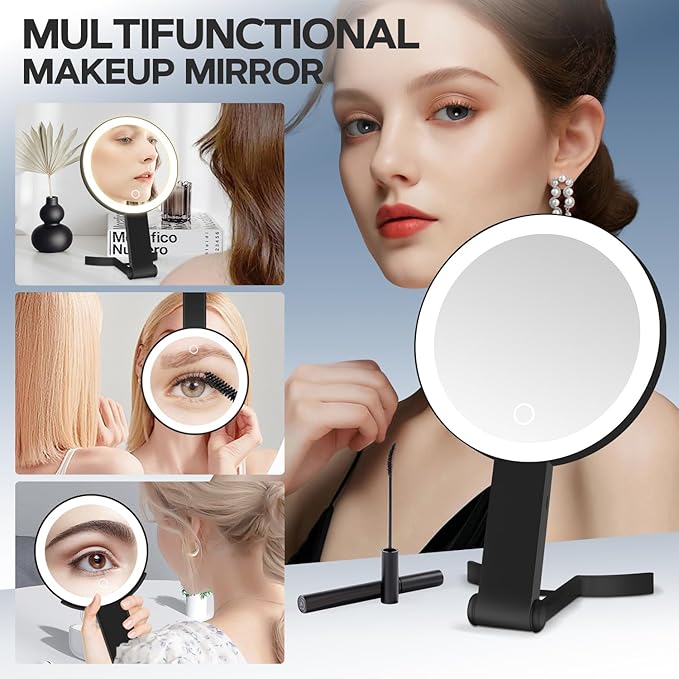 Lighted Makeup Mirror, 30X Magnifying Mirror with Light, Hanging and Handheld Mirror with Handle,Black