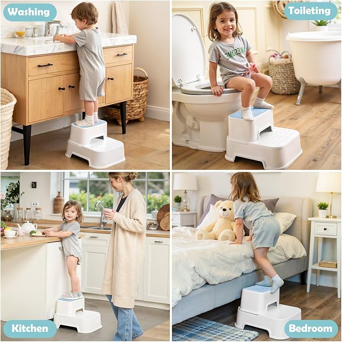2-Step Stool for Kids - Toddler Anti-Slip Step Stool for Bathroom Sink/Toilet Potty Training/Kitchen Counter, 10" Height, 220 lbs Capacity, Durable & Stable (2Packs Blue)