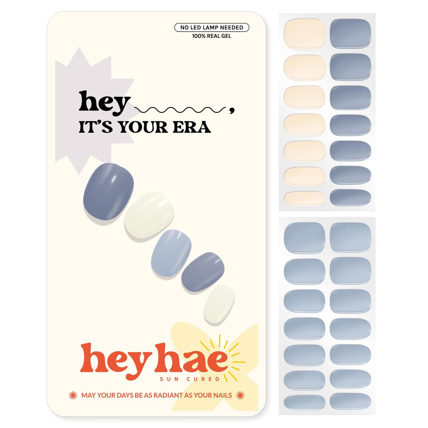 Heyhae Semi Cured Gel Nail Strips | No LED Lamp Needed | Solid, Blue, Spring | Easy Apply & Remove, Salon Quality | Includes 28 Strips, 1 Prep Pads, Nail File & Wooden stick - Hey, It's Your Era