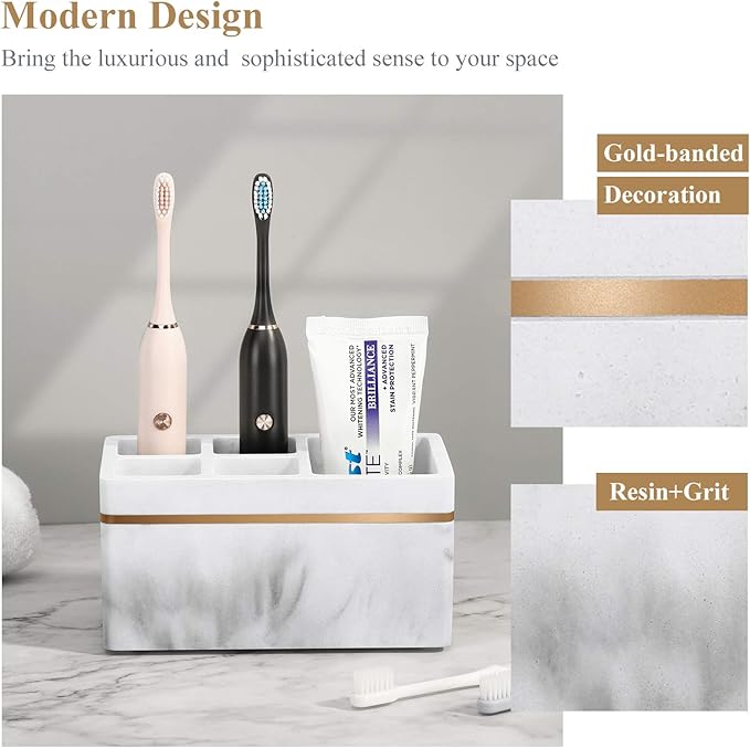 Shinowa Resin Toothbrush Holder, 5 Slots Hygienic Electric Toothbrush Holder Storage Stand Organizer for Toothbrush, Toothpaste, Razor, Gravel White