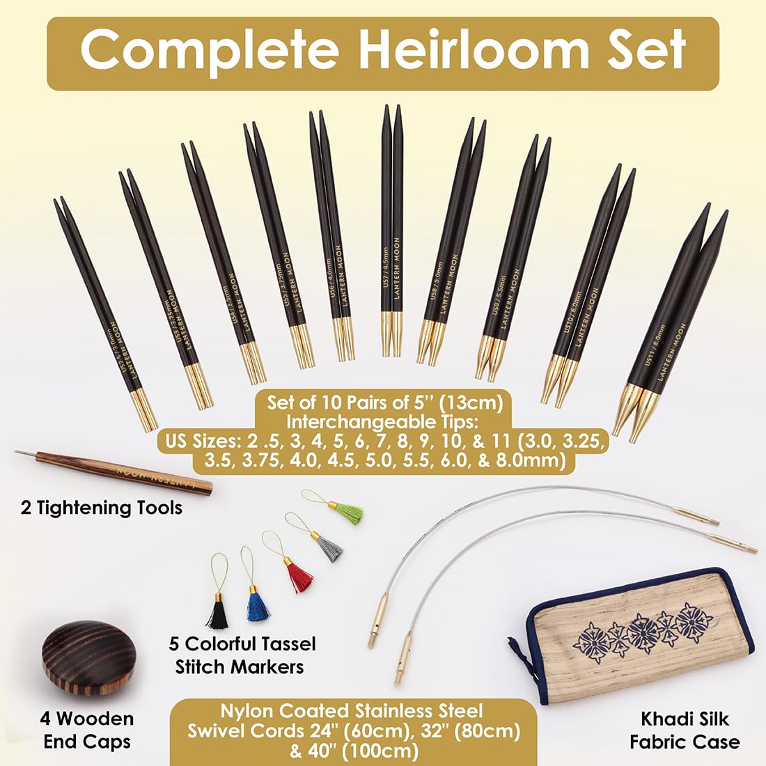 Lantern Moon Heirloom Interchangeable Circular Knitting Needle Set 5" (13 CM) | 10 US Sizes (2.5 to 11)